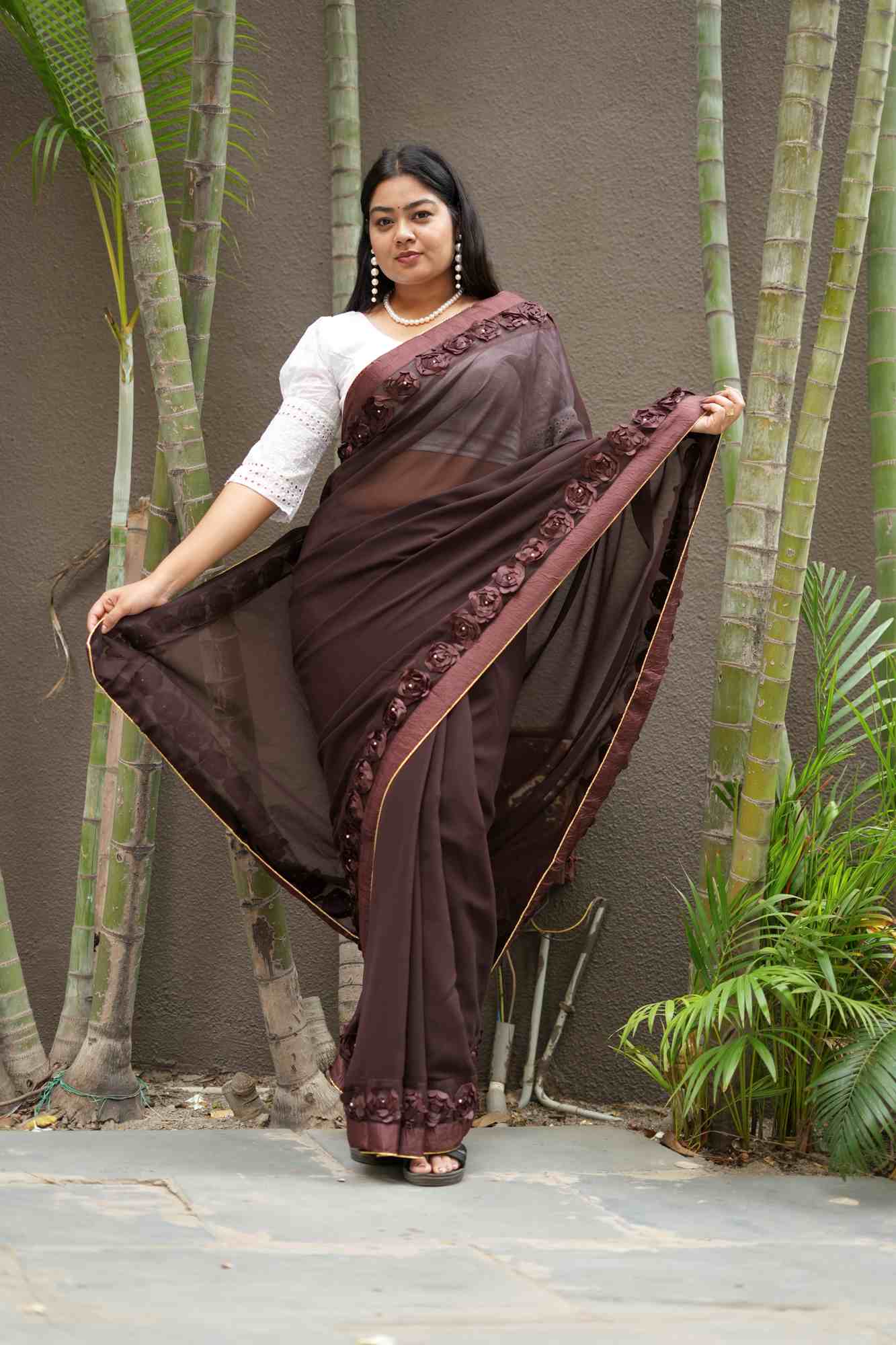 Poly Georgette with 3D Floral Embellished Border Ready To Wear Saree