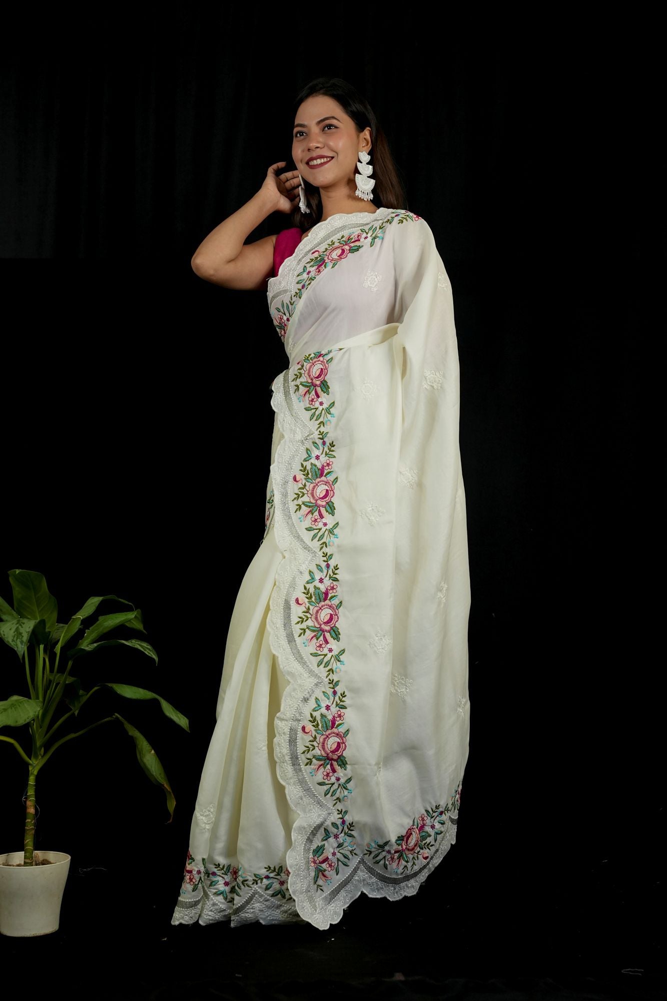 Chanderi with Floral Embroidery & Scalloped Cutwork Border Ready To Wear Saree