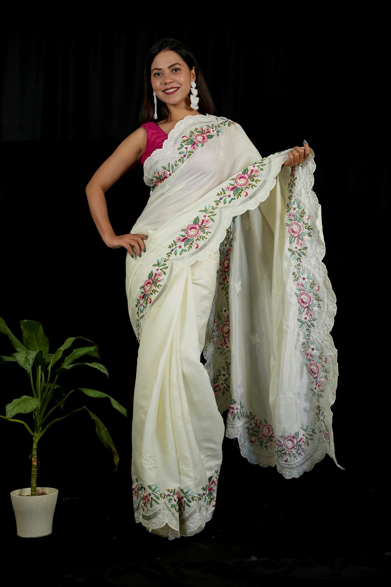 Chanderi with Floral Embroidery & Scalloped Cutwork Border Ready To Wear Saree
