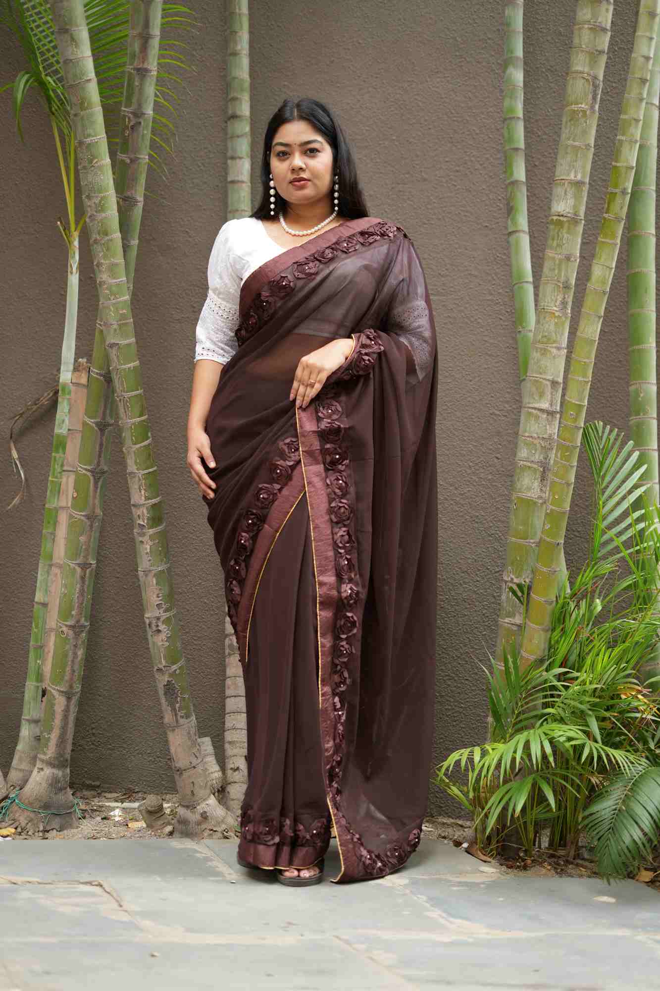 Poly Georgette with 3D Floral Embellished Border Ready To Wear Saree