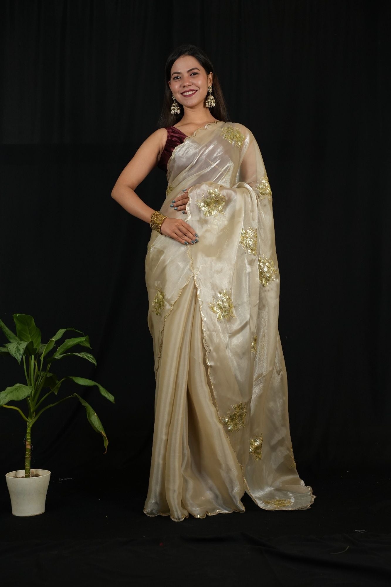 Satin Chiffon Silk with Sequined Embroidered Buttas on Pallu and Scalloped Border Ready To wear Saree