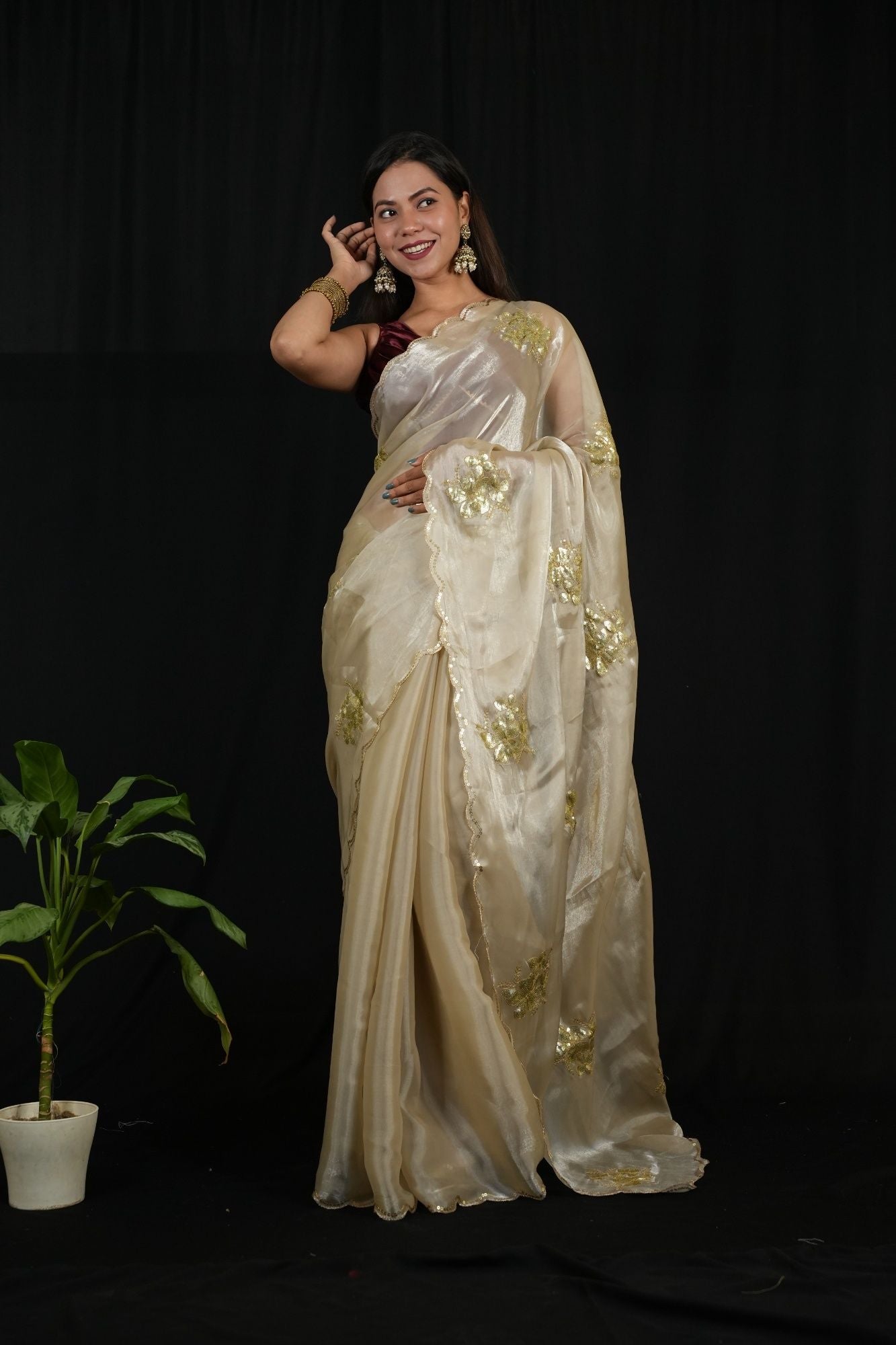 Satin Chiffon Silk with Sequined Embroidered Buttas on Pallu and Scalloped Border Ready To wear Saree