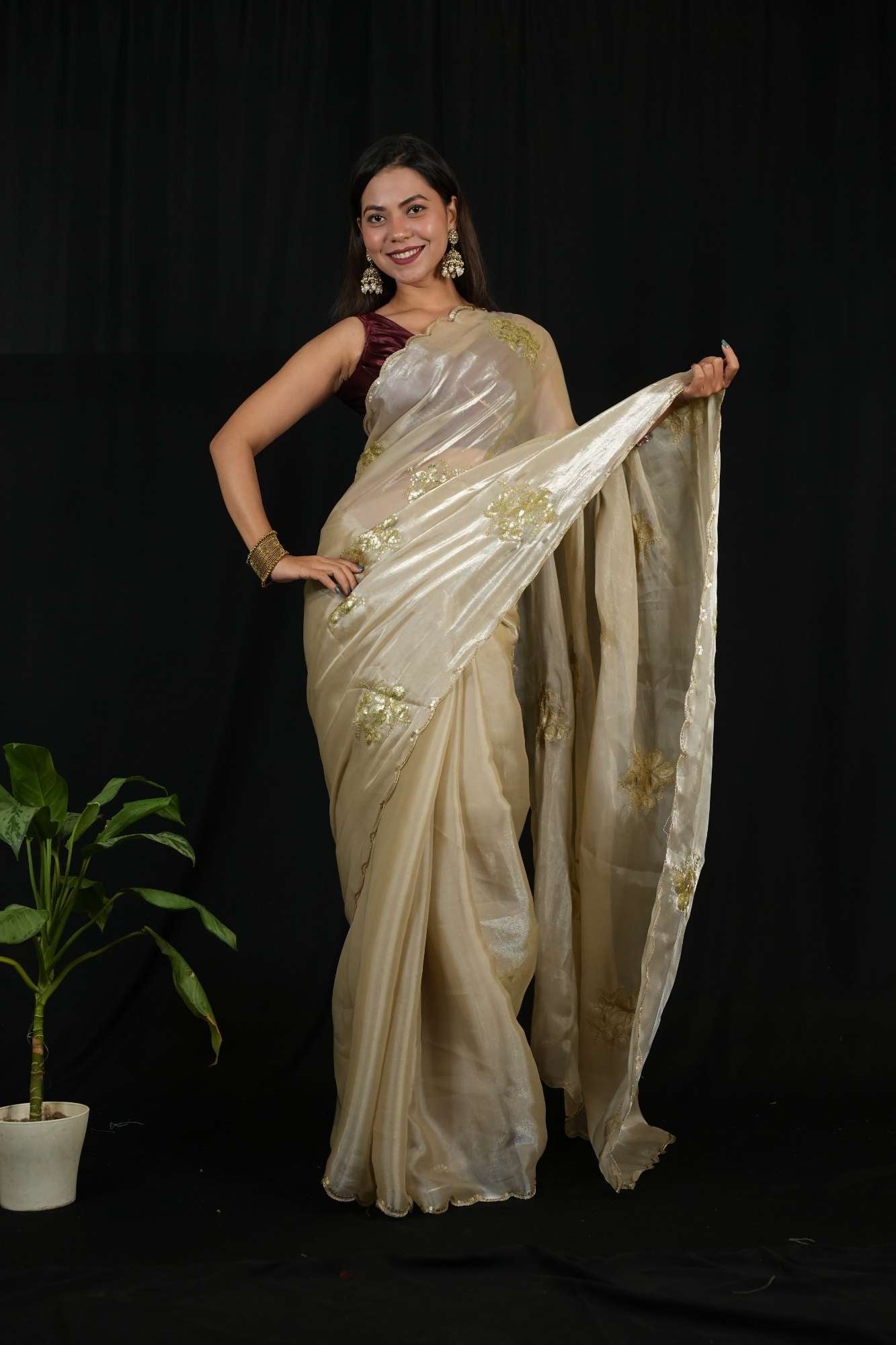 Satin Chiffon Silk with Sequined Embroidered Buttas on Pallu and Scalloped Border Ready To wear Saree
