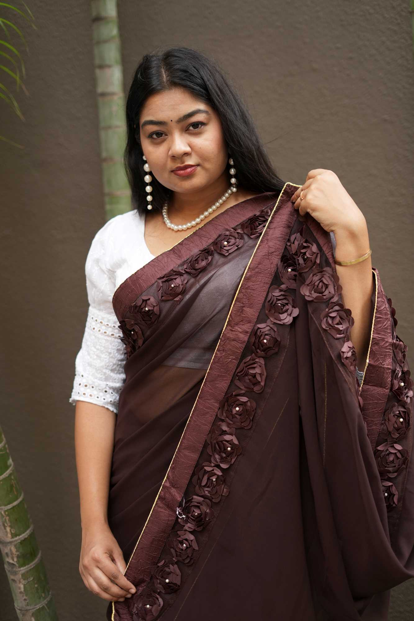 Poly Georgette with 3D Floral Embellished Border Ready To Wear Saree