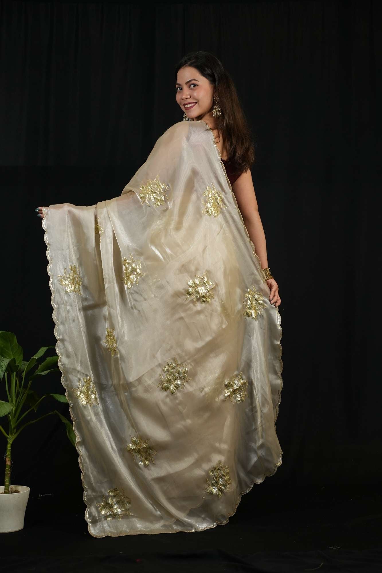 Satin Chiffon Silk with Sequined Embroidered Buttas on Pallu and Scalloped Border Ready To wear Saree
