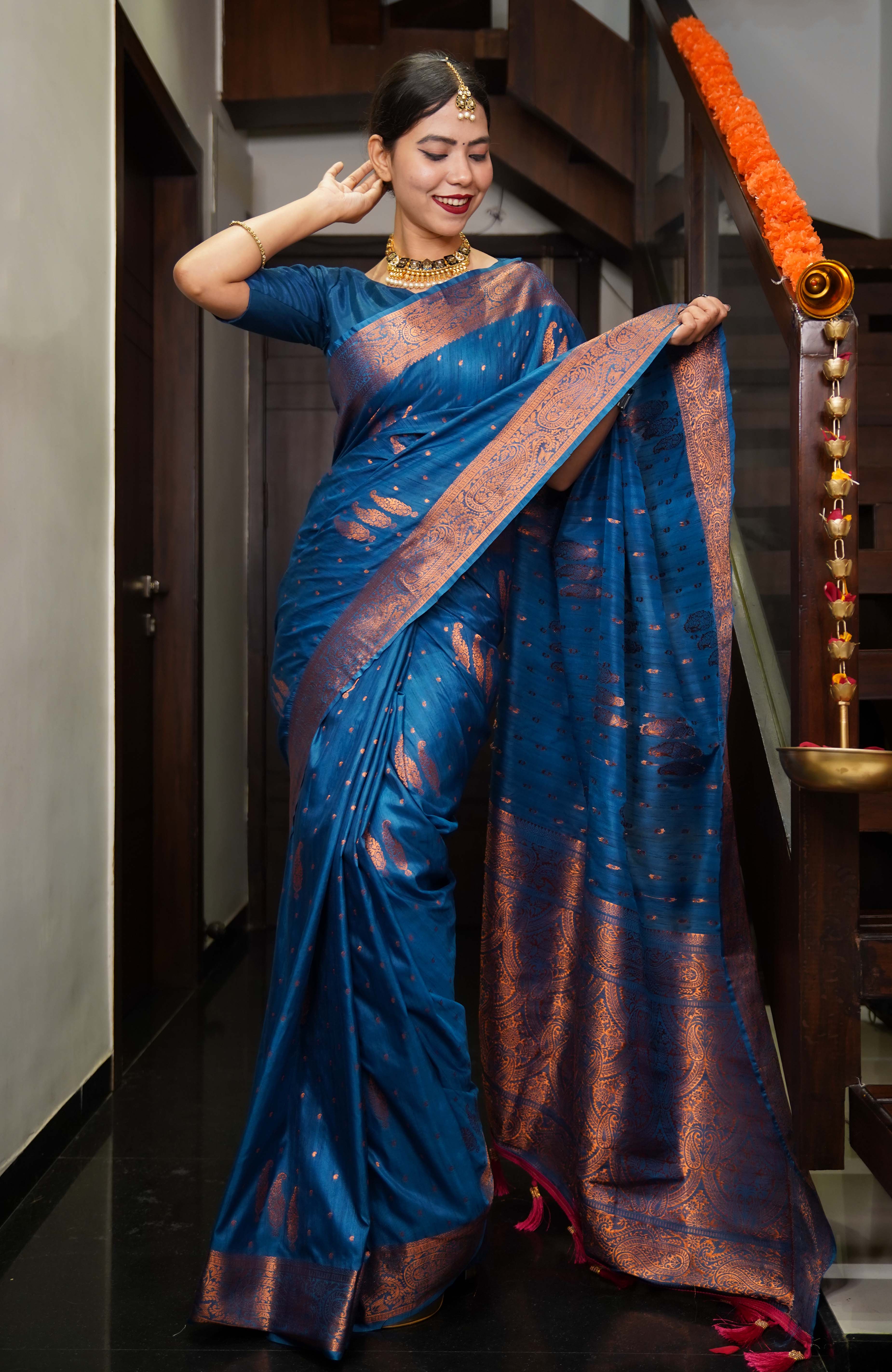Ready to wear Cobalt Blue Kanjeevaram Katan Silk With Jacquard Weave Paisley Design Wrap in one minute saree - Isadora Life