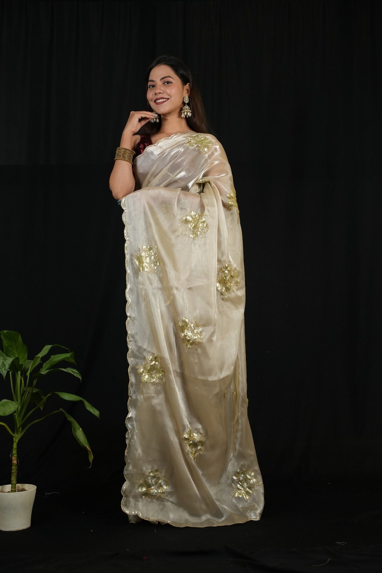 Satin Chiffon Silk with Sequined Embroidered Buttas on Pallu and Scalloped Border Ready To wear Saree