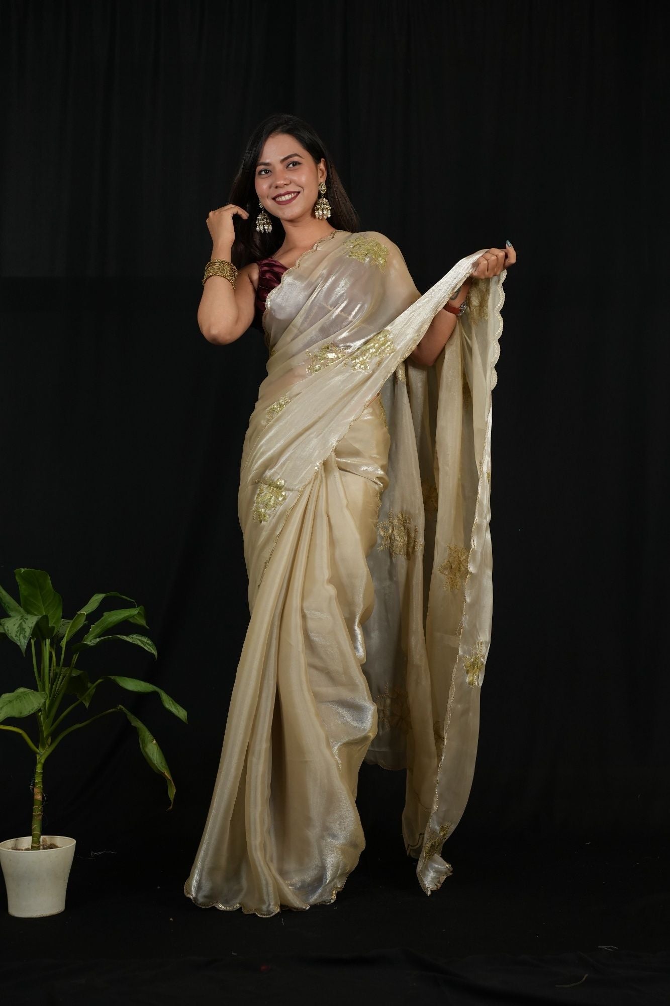 Satin Chiffon Silk with Sequined Embroidered Buttas on Pallu and Scalloped Border Ready To wear Saree