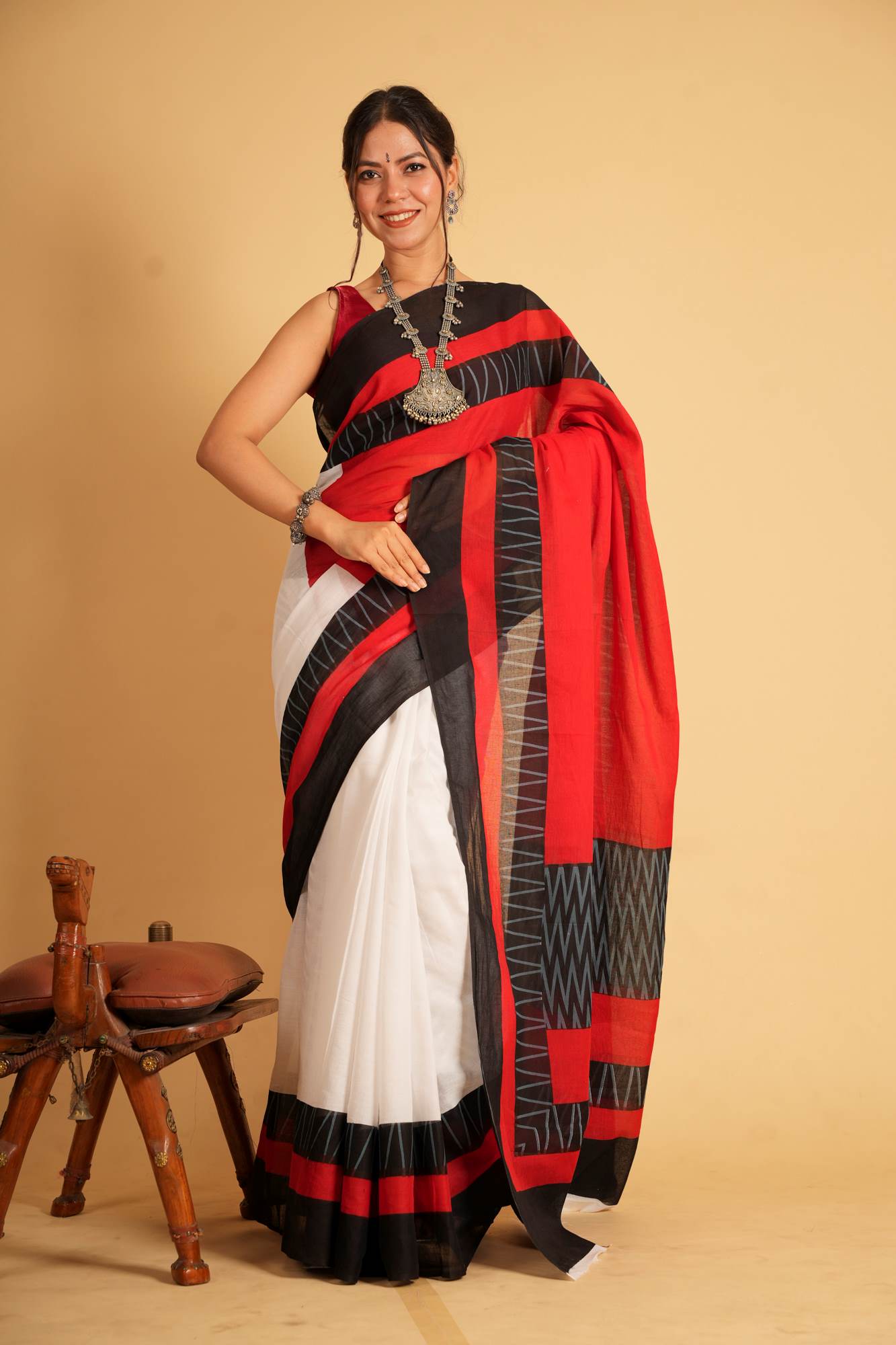 Mulmul Cotton in Red,White, & Black with Bold Geometric Patterns Ready To Wear Saree