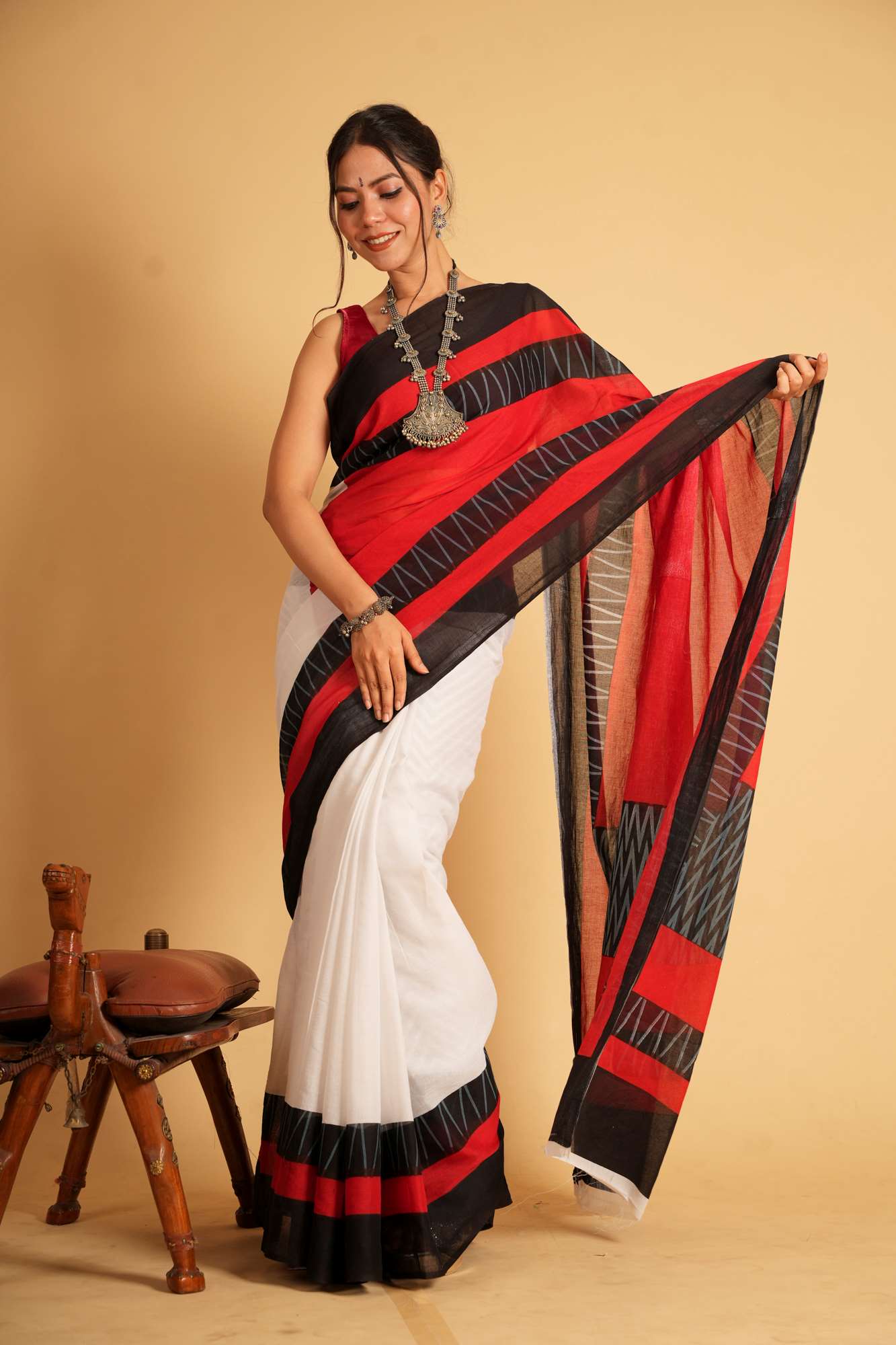 Mulmul Cotton in Red,White, & Black with Bold Geometric Patterns Ready To Wear Saree