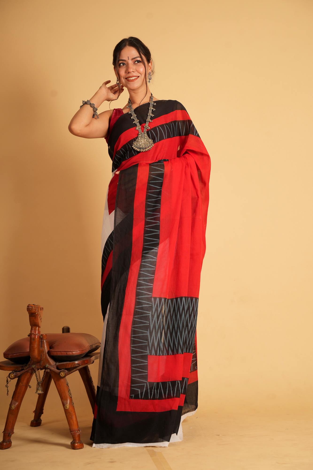 Mulmul Cotton in Red,White, & Black with Bold Geometric Patterns Ready To Wear Saree
