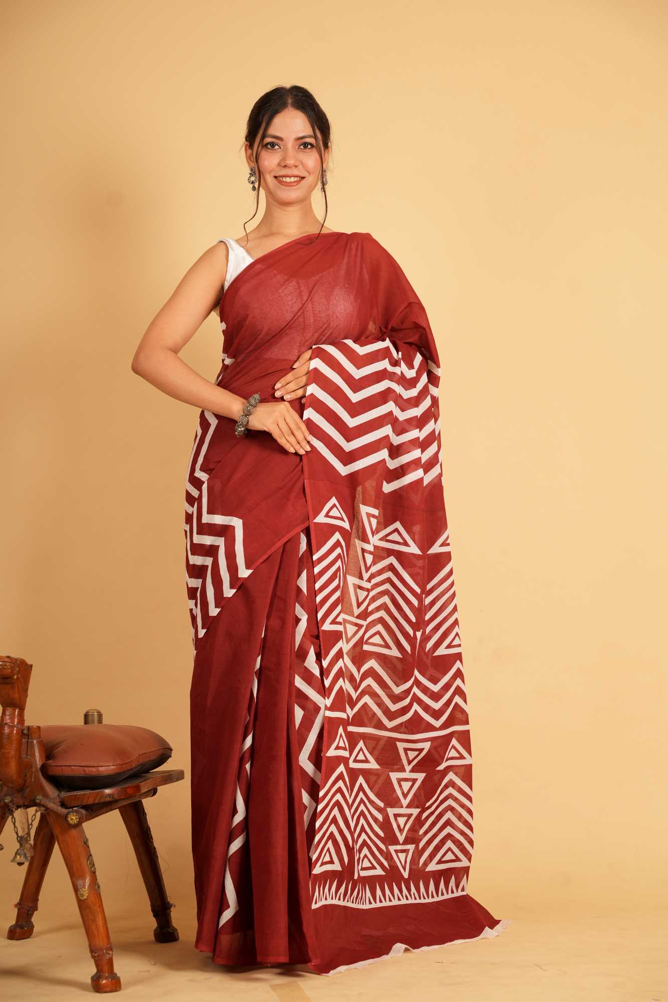 Cotton with White Geometric Hand Block Print Ready To Wear Saree