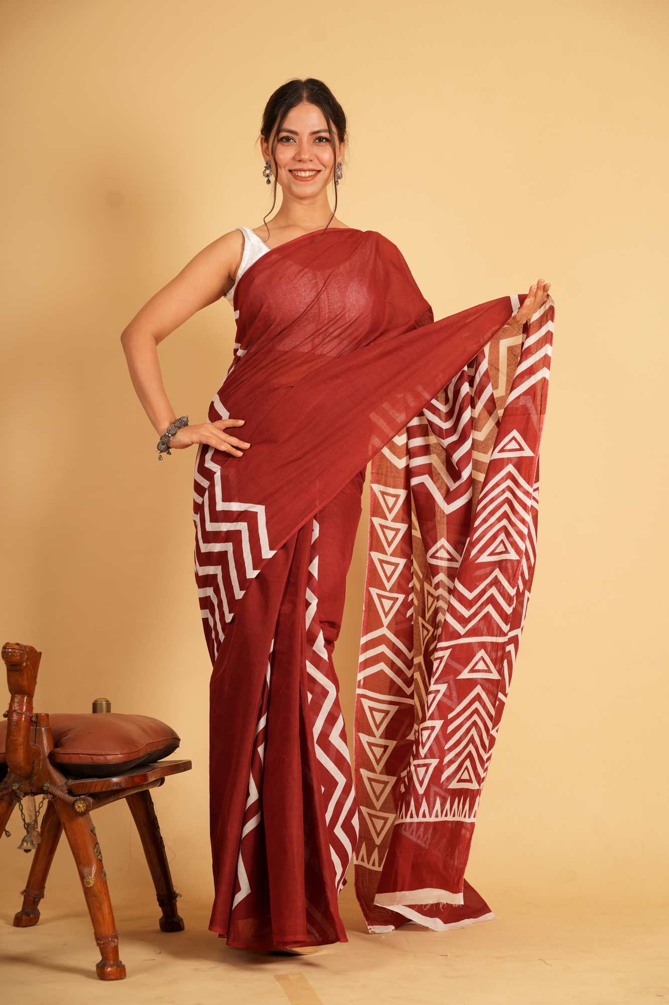 Cotton with White Geometric Hand Block Print Ready To Wear Saree