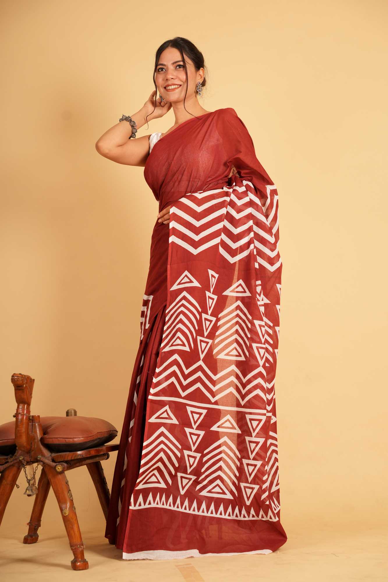 Cotton with White Geometric Hand Block Print Ready To Wear Saree