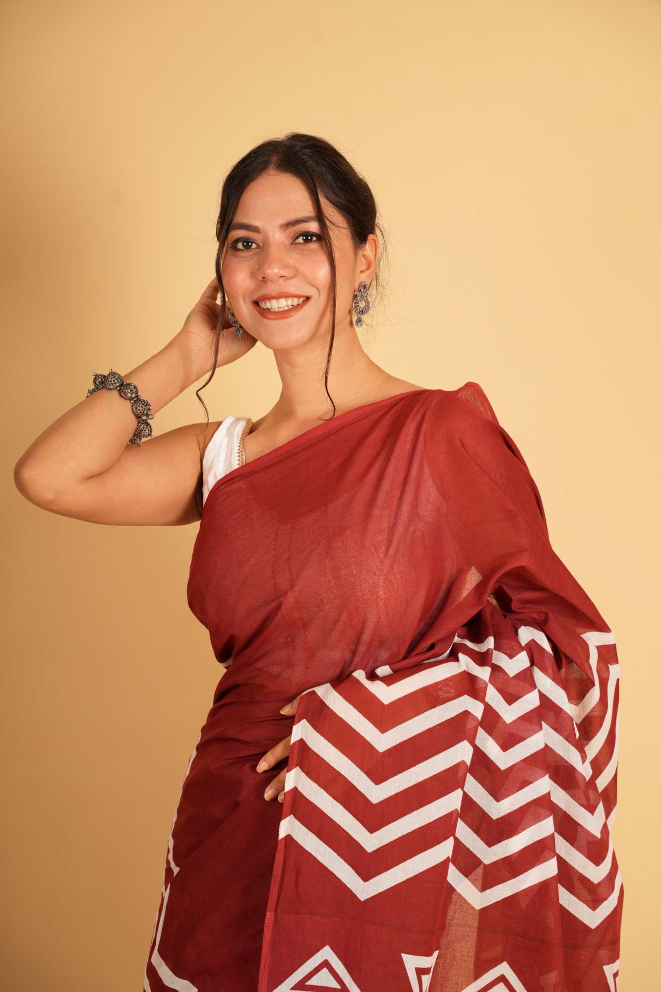 Cotton with White Geometric Hand Block Print Ready To Wear Saree