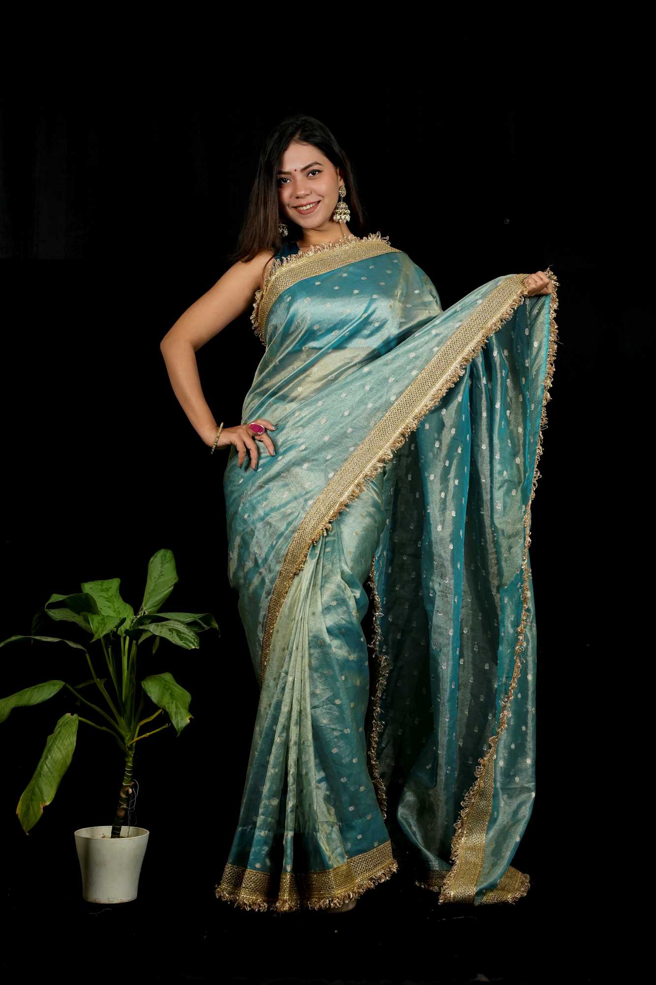 Banarasi Tissue Silk with Zari Butis, Embellished Border Dhoop Chaav Ready To Wear Saree