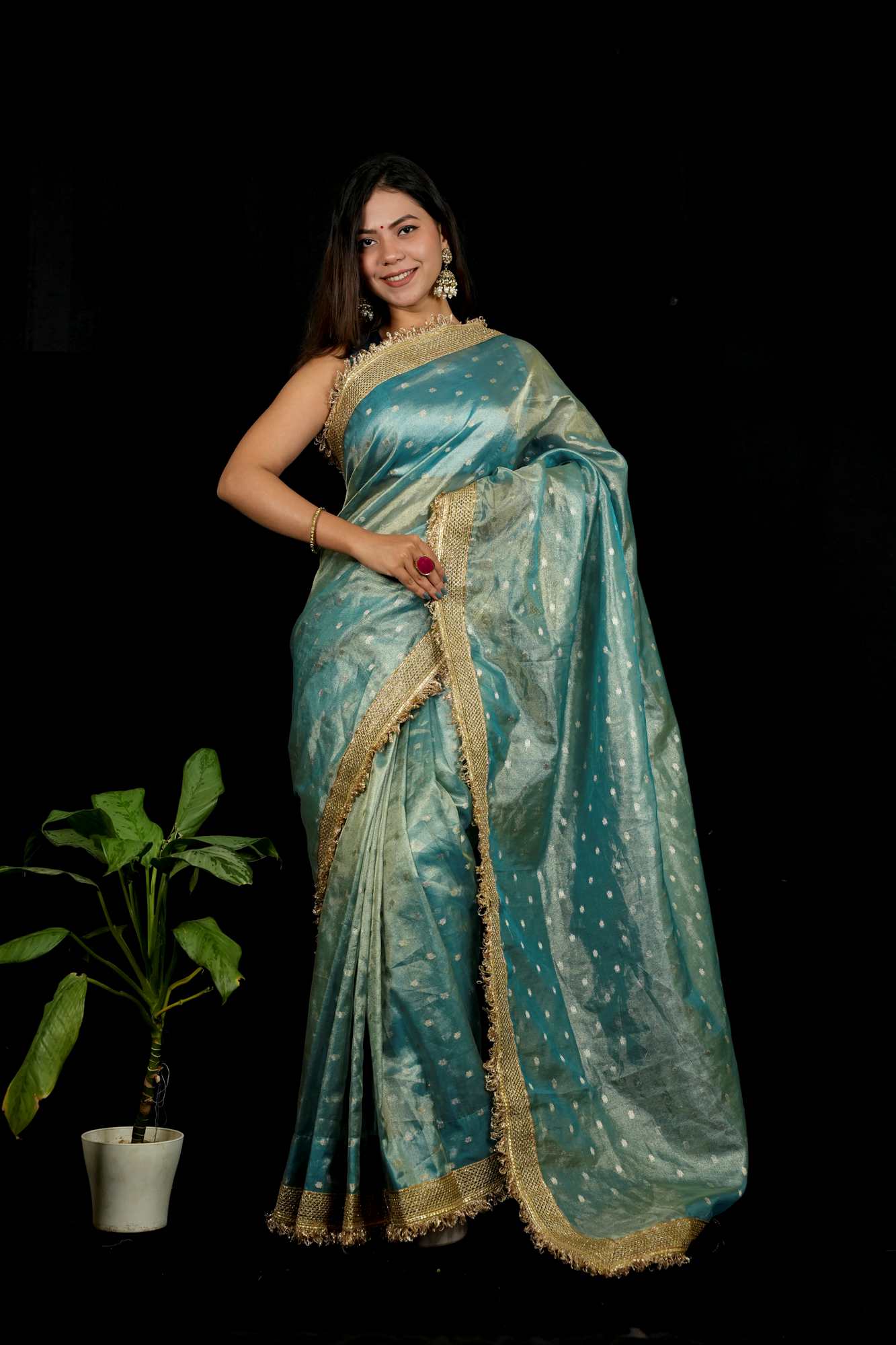 Banarasi Tissue Silk with Zari Butis, Embellished Border Dhoop Chaav Ready To Wear Saree