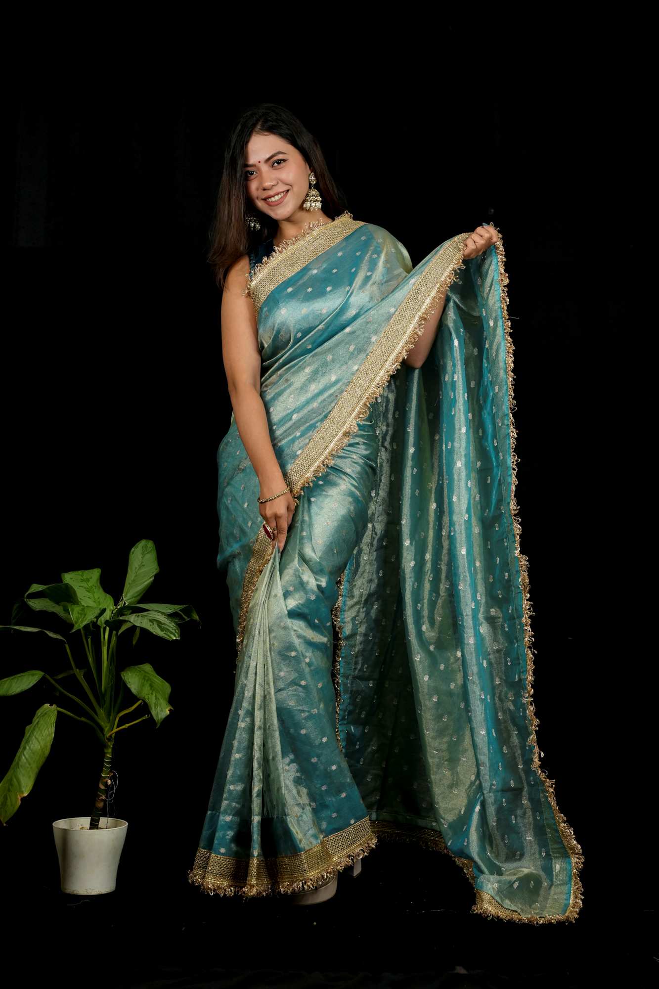 Banarasi Tissue Silk with Zari Butis, Embellished Border Dhoop Chaav Ready To Wear Saree