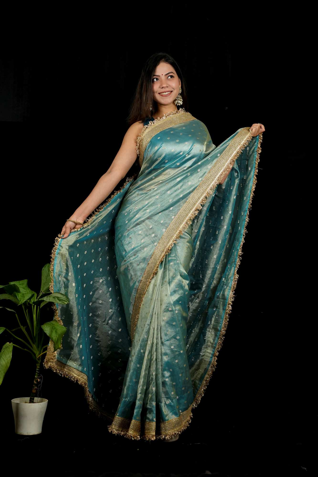 Banarasi Tissue Silk with Zari Butis, Embellished Border Dhoop Chaav Ready To Wear Saree