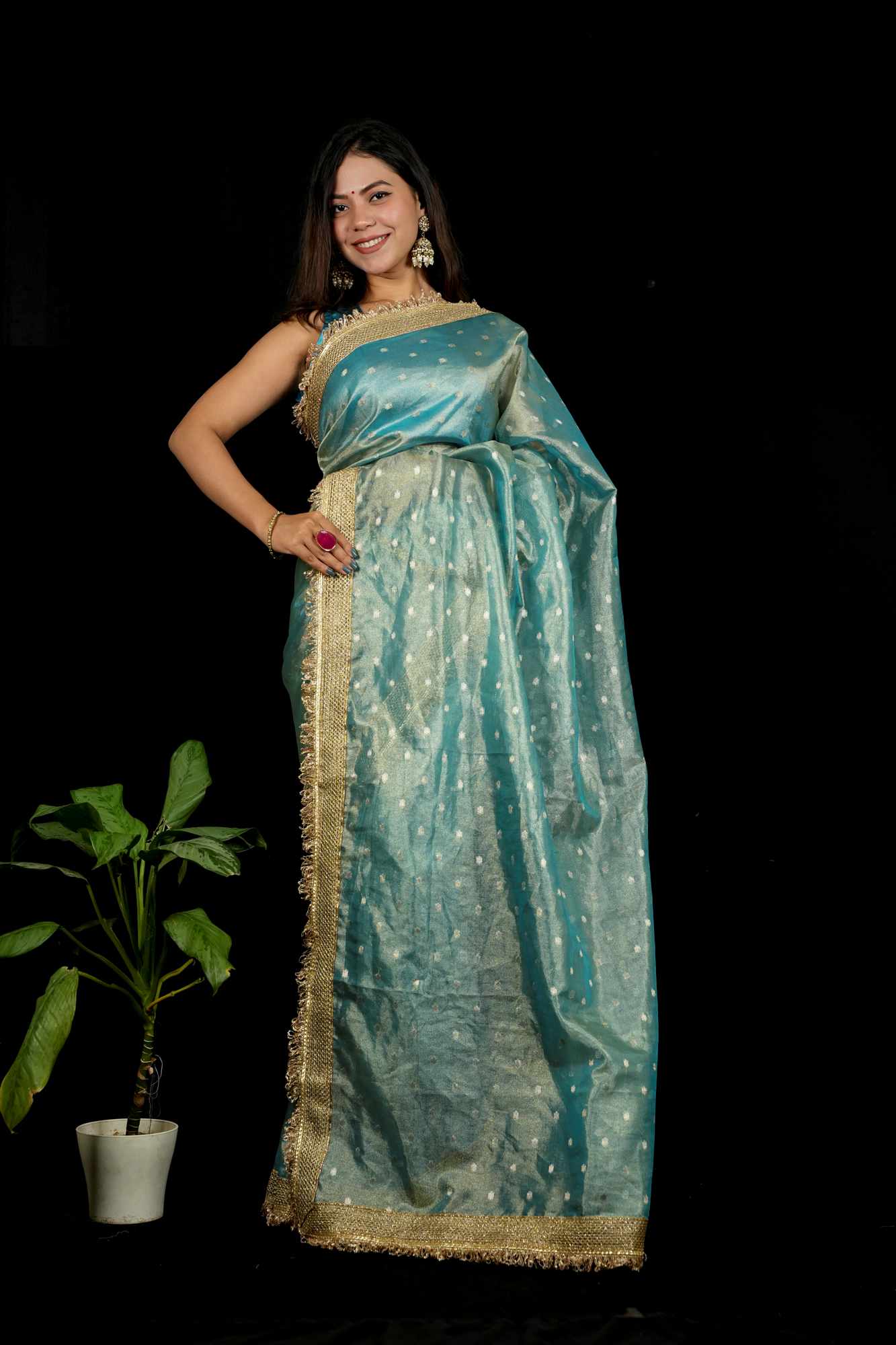 Banarasi Tissue Silk with Zari Butis, Embellished Border Dhoop Chaav Ready To Wear Saree