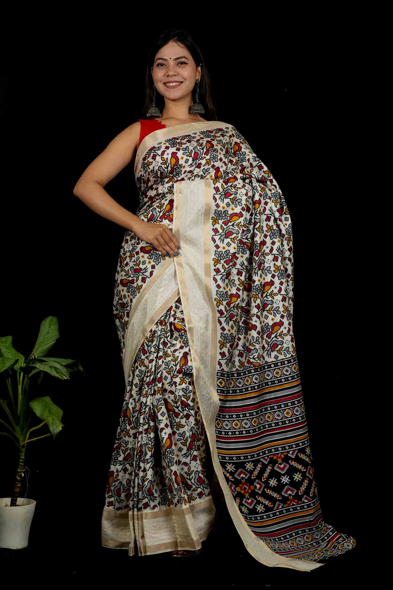 Bird-inspired Kalamkari design Dola Silk & jacquard weaving border 1 Minute Saree
