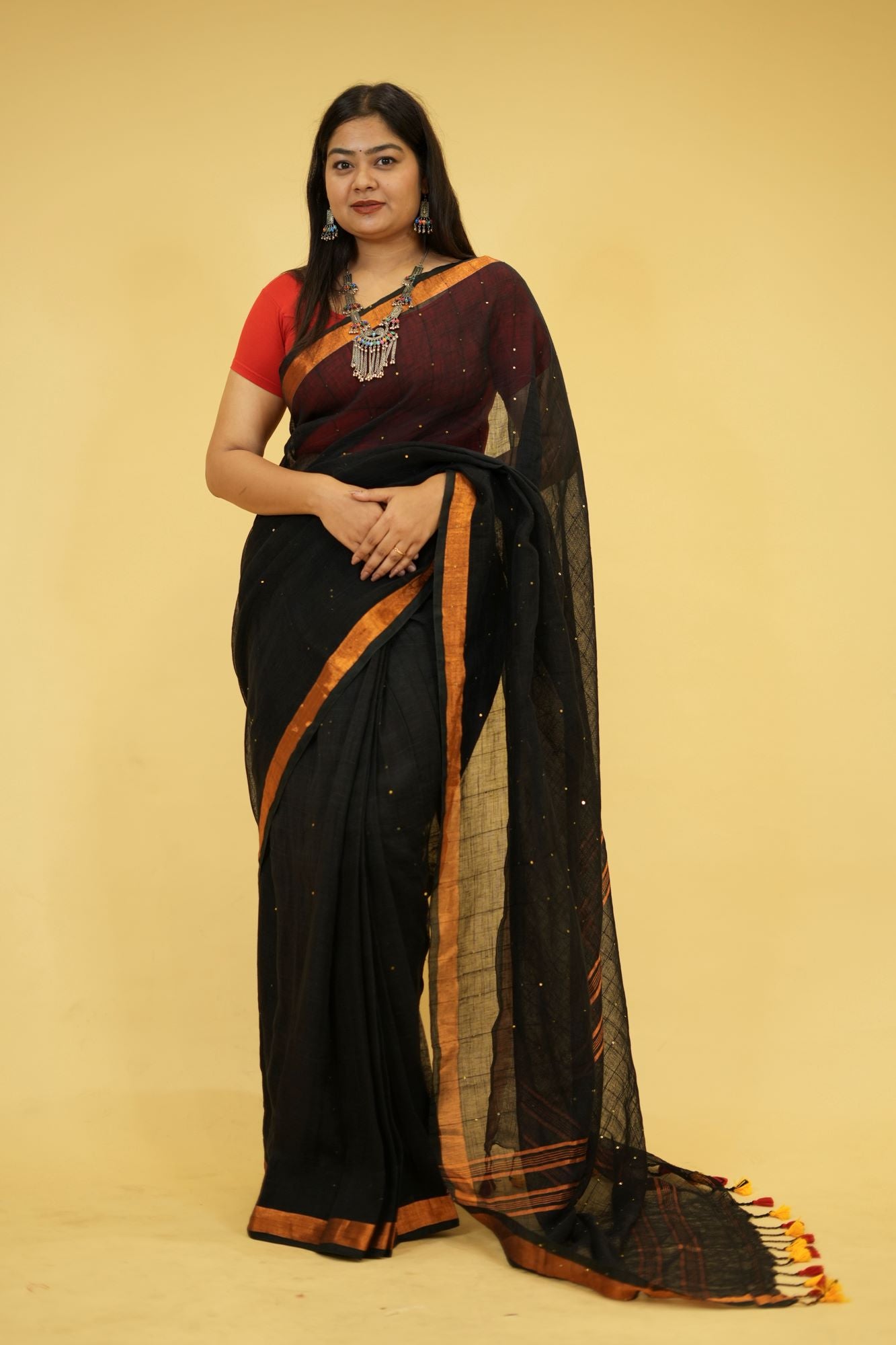 Ready To Wear Cotton Linen Sequins Woven With Contrast Border and Tassels On Palla Saree