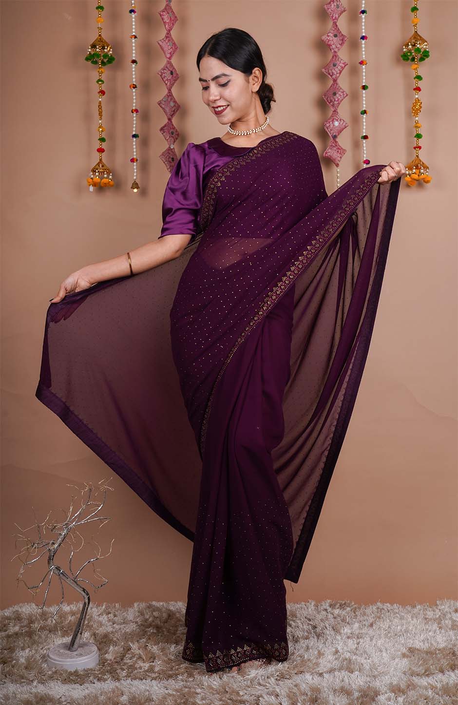 Ready To Wear Wine Soft Georgette With Stone Sequence Bead Detailed Work All Over Wrap in 1 minute saree - Isadora Life