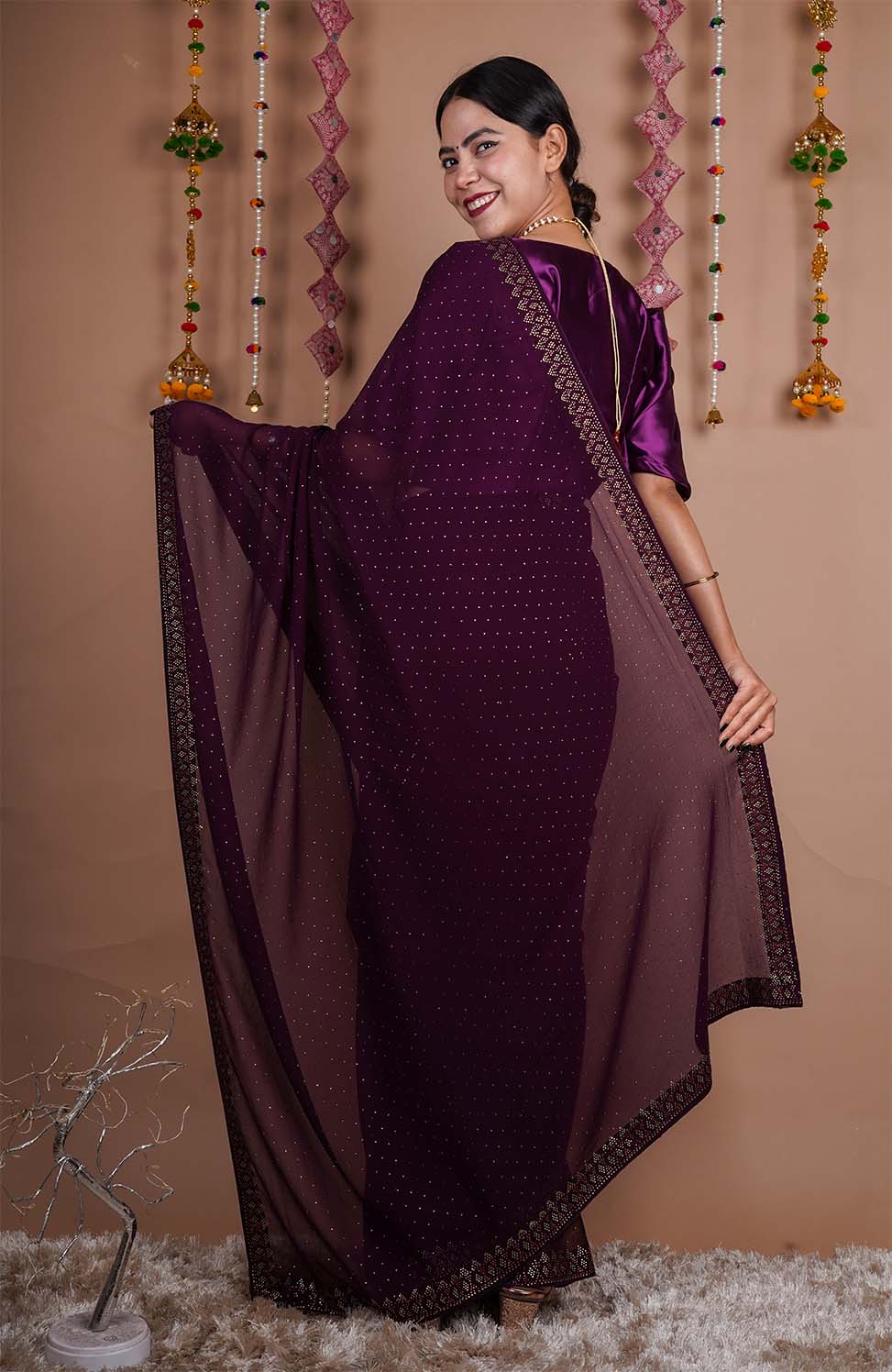 Ready To Wear Wine Soft Georgette With Stone Sequence Bead Detailed Work All Over Wrap in 1 minute saree - Isadora Life