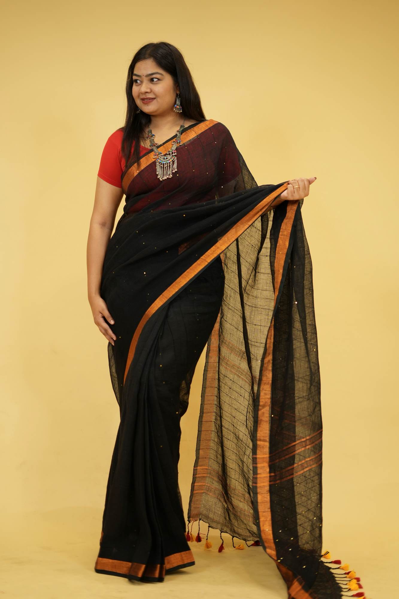 Ready To Wear Cotton Linen Sequins Woven With Contrast Border and Tassels On Palla Saree