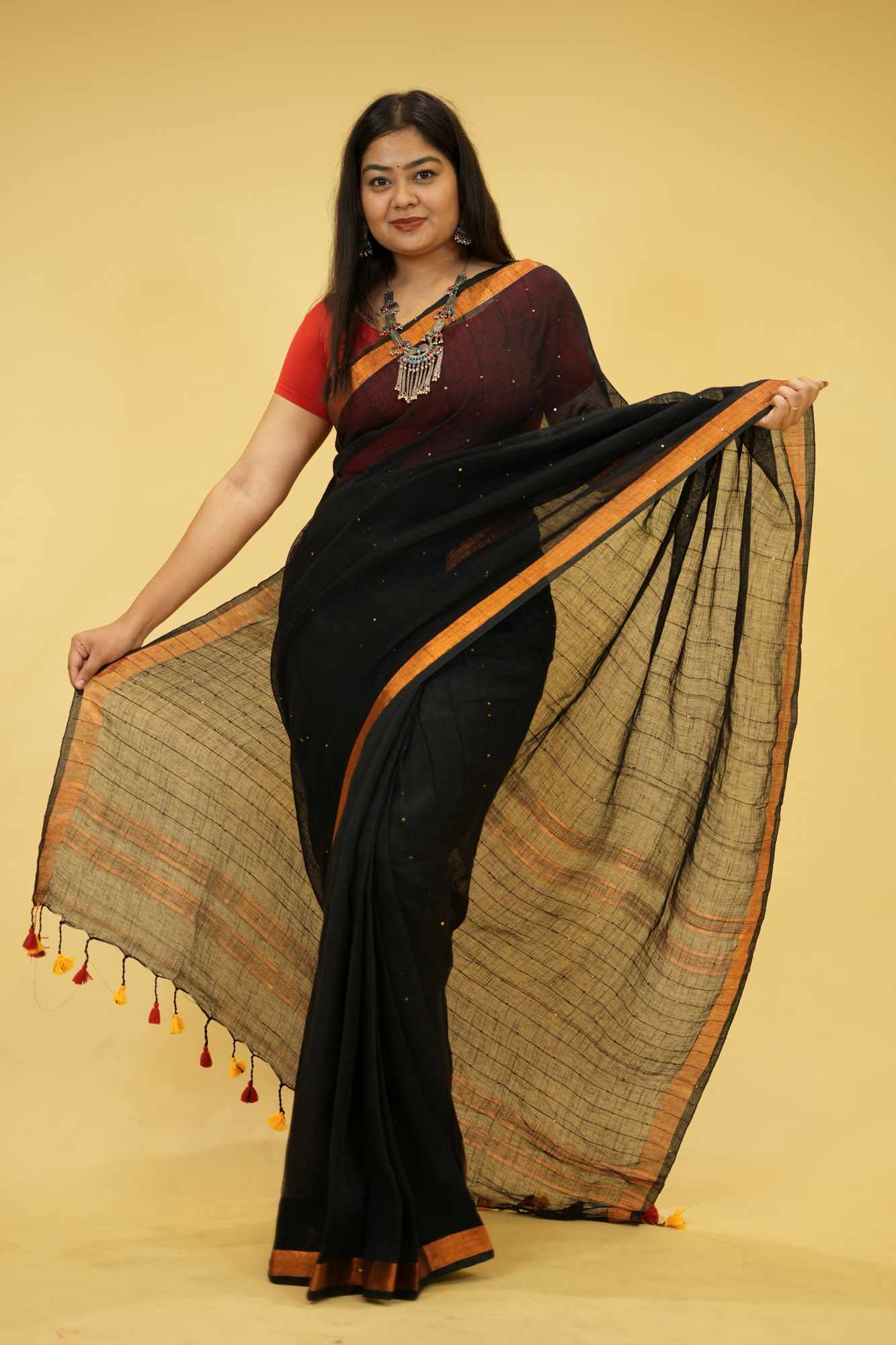 Ready To Wear Cotton Linen Sequins Woven With Contrast Border and Tassels On Palla Saree