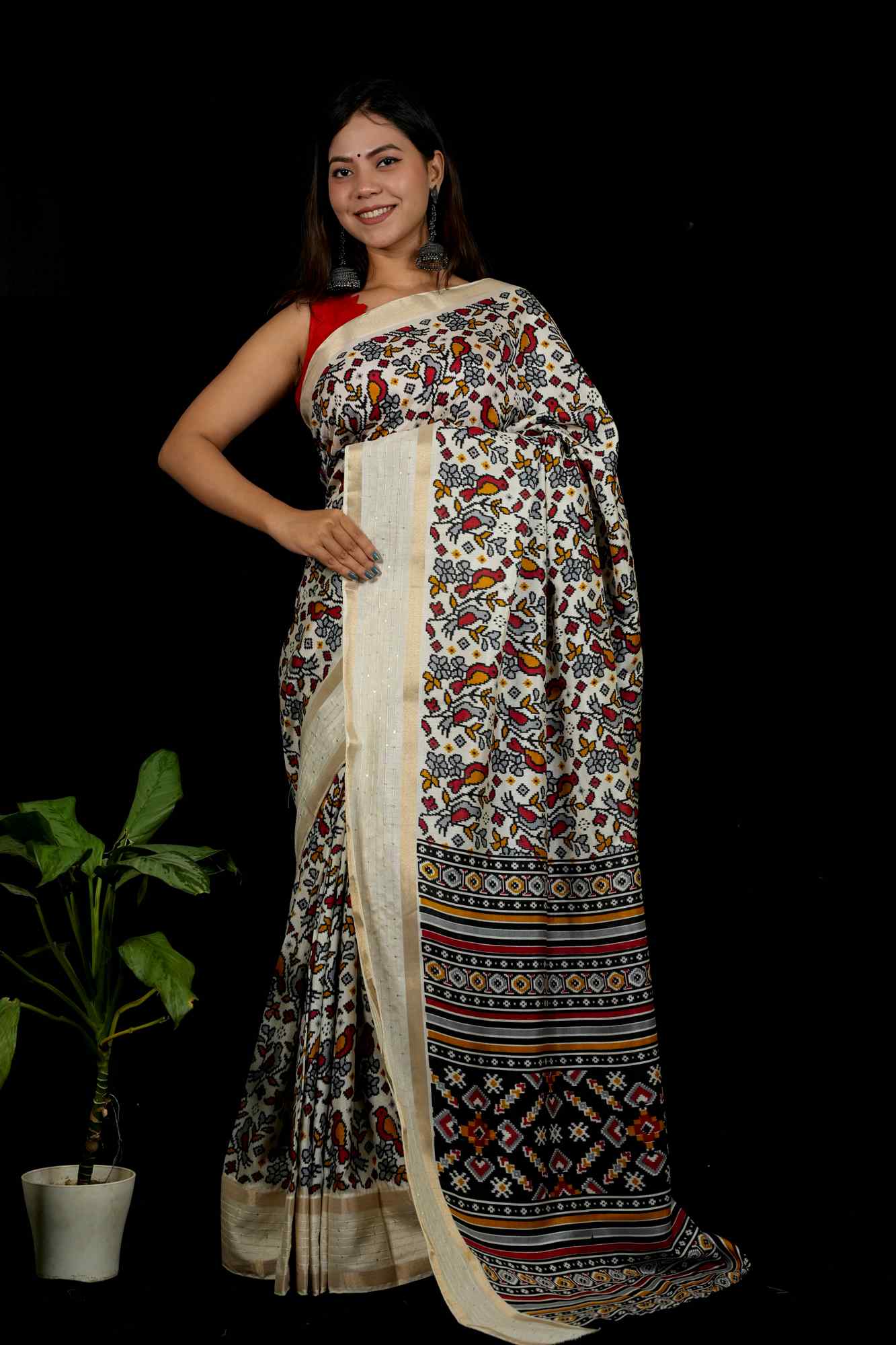 Bird-inspired Kalamkari design Dola Silk & jacquard weaving border 1 Minute Saree