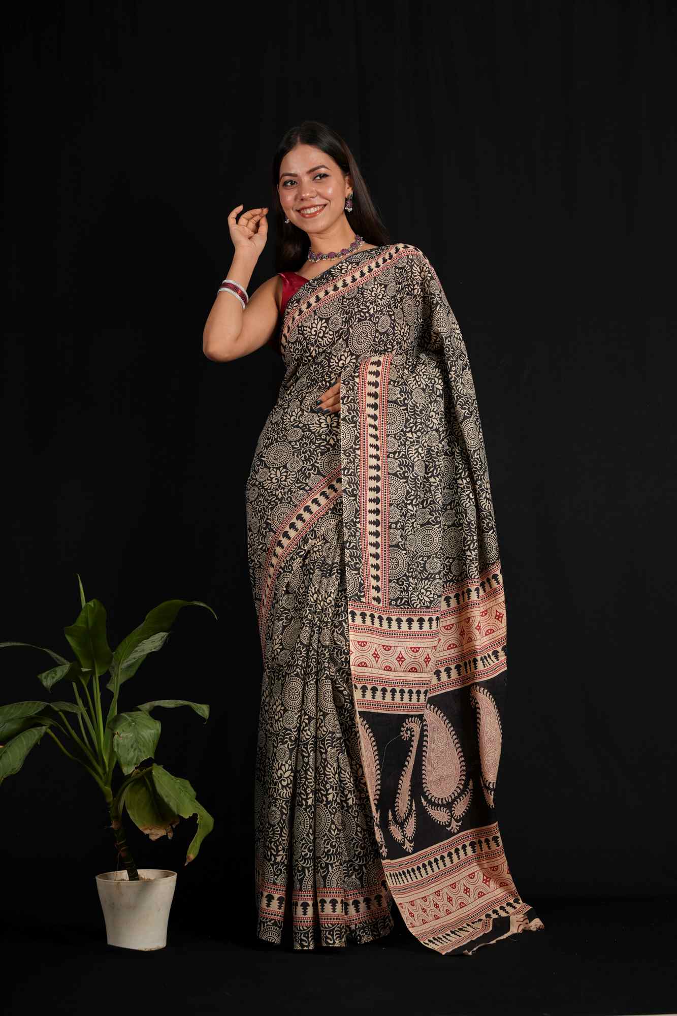 Gorgeous Black Cotton with Block Print Ready to wear Saree