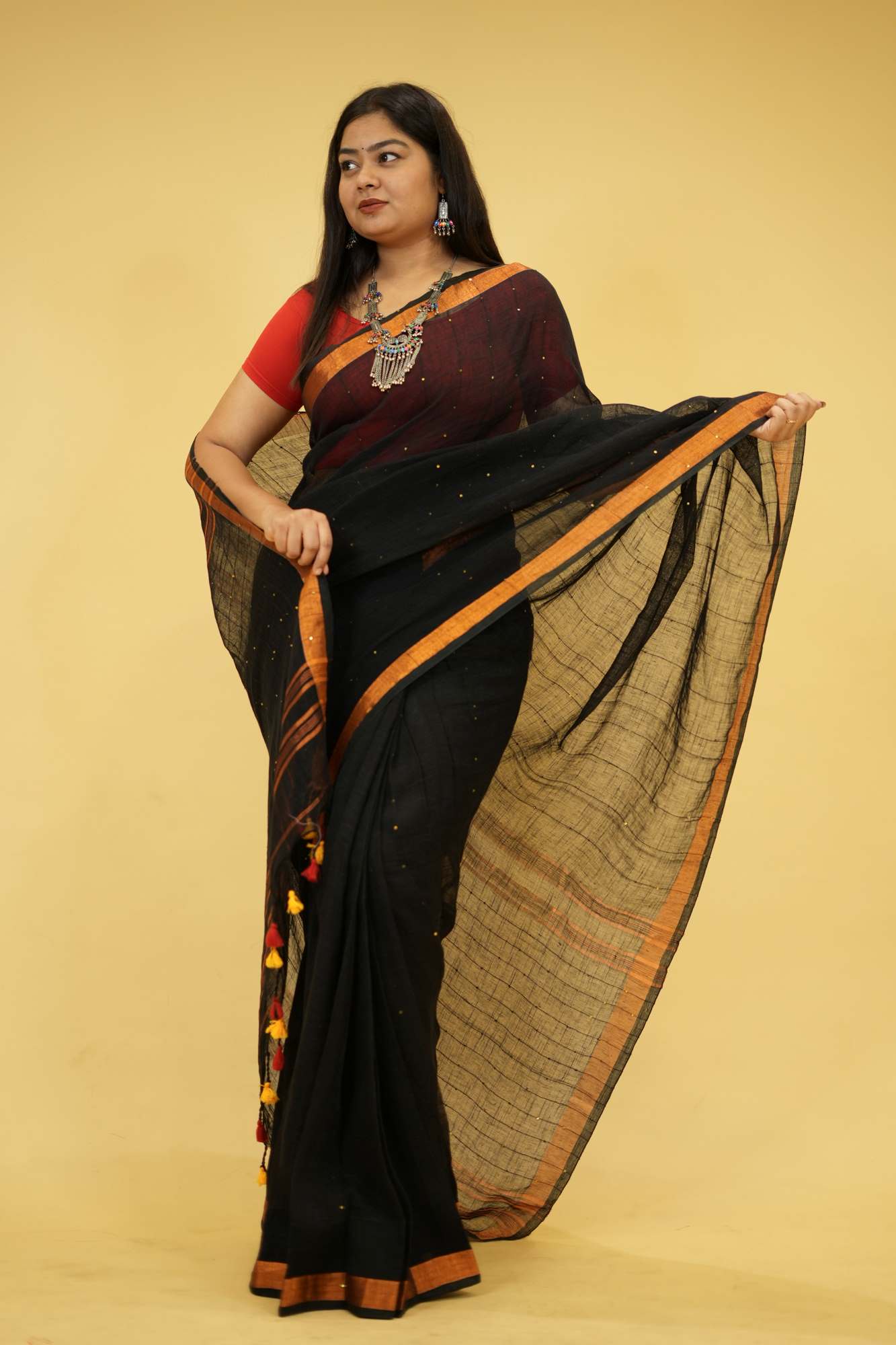Ready To Wear Cotton Linen Sequins Woven With Contrast Border and Tassels On Palla Saree