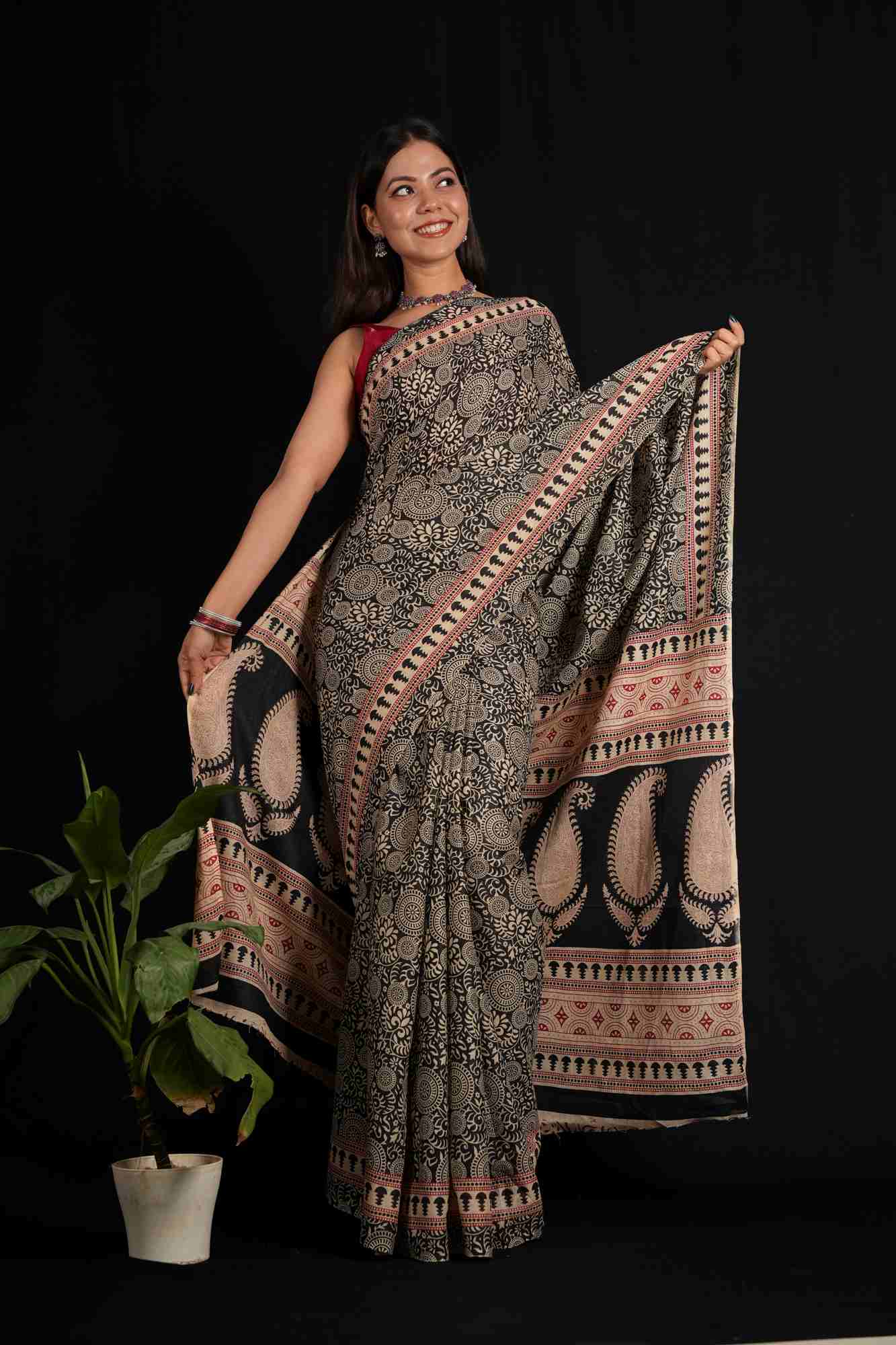 Gorgeous Black Cotton with Block Print Ready to wear Saree