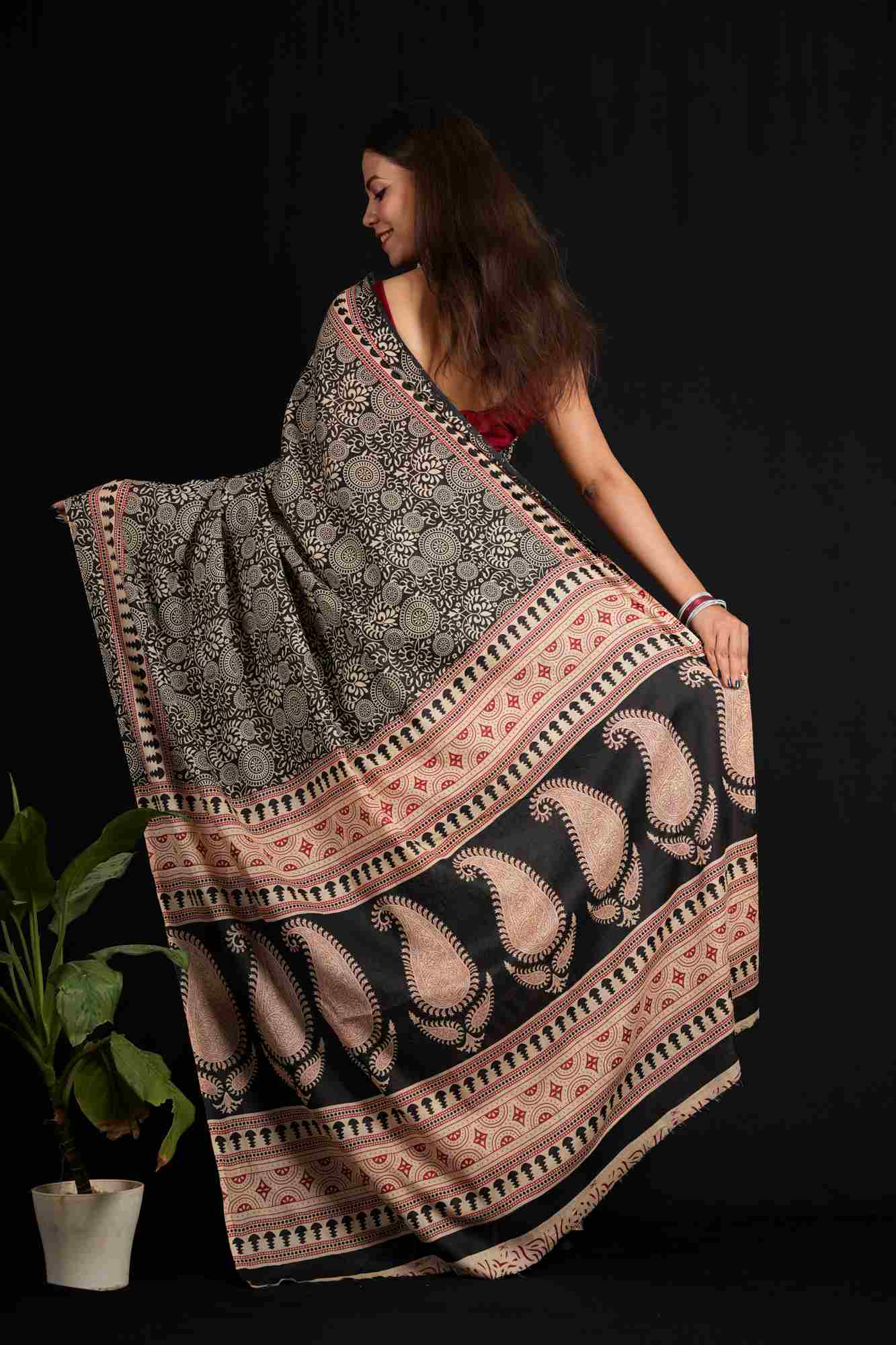 Gorgeous Black Cotton with Block Print Ready to wear Saree