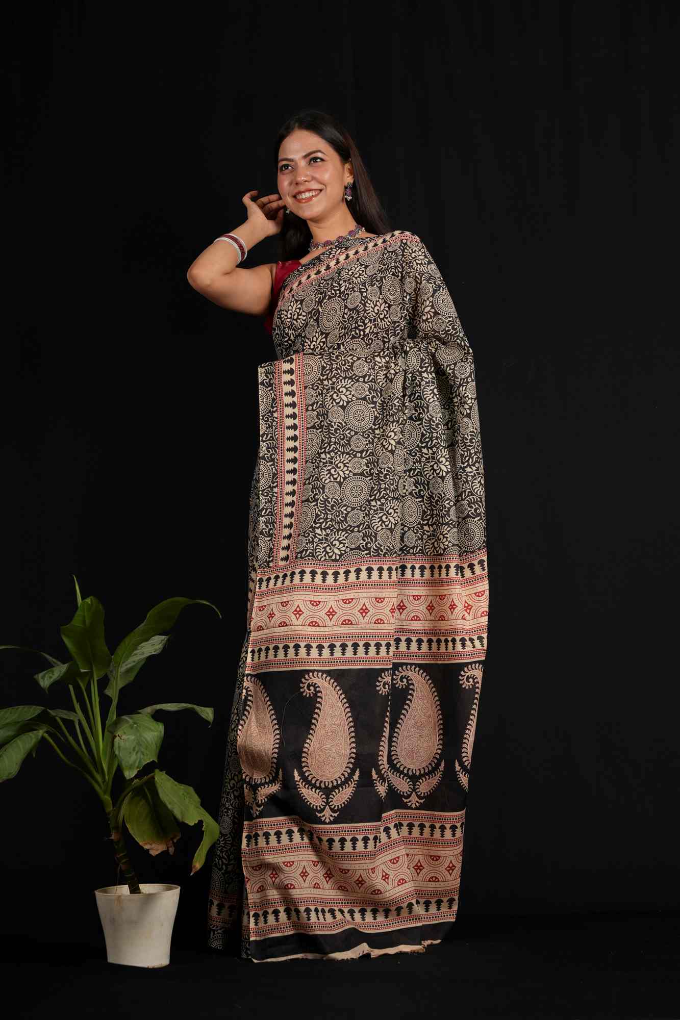 Gorgeous Black Cotton with Block Print Ready to wear Saree