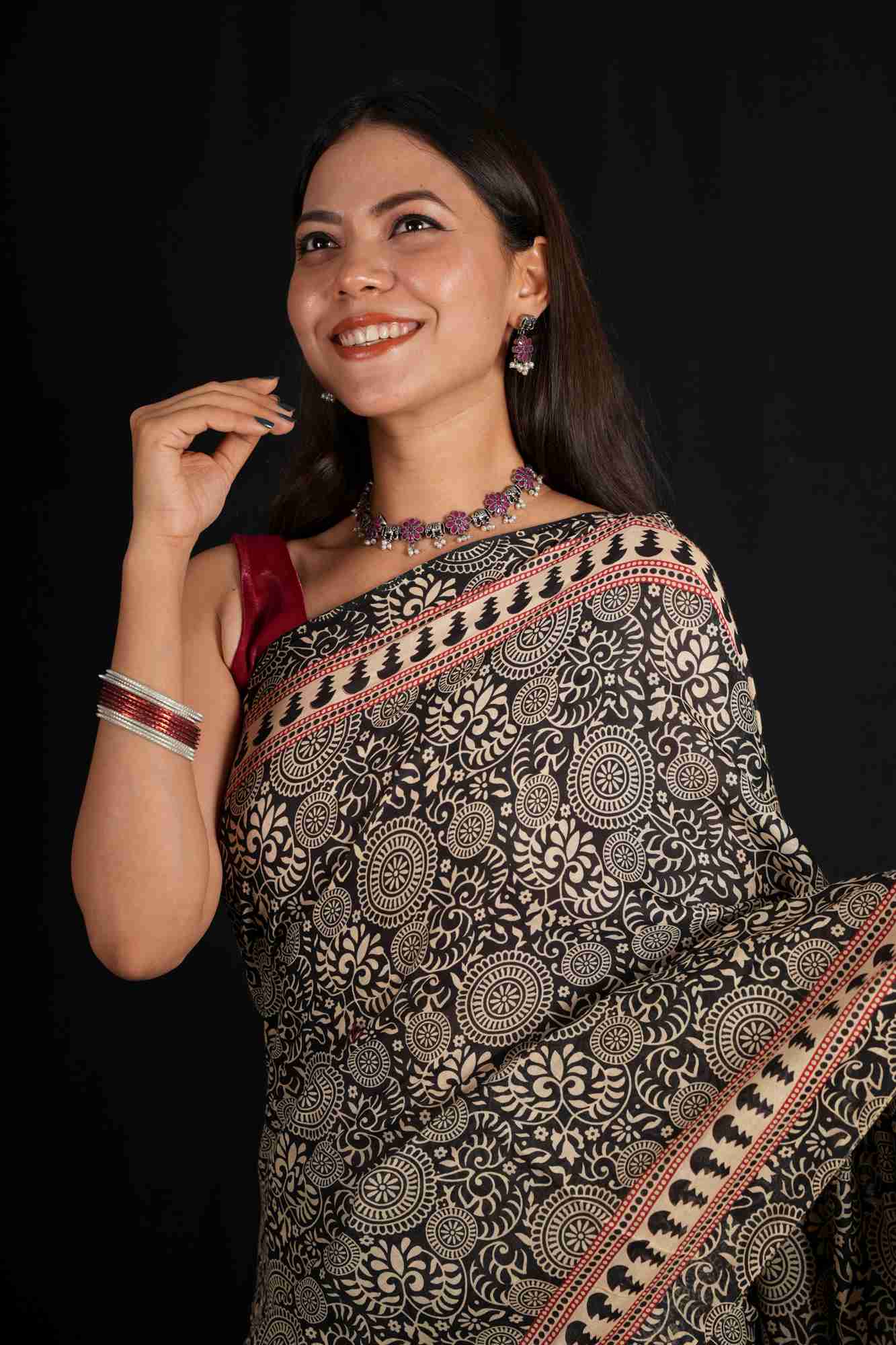 Gorgeous Black Cotton with Block Print Ready to wear Saree