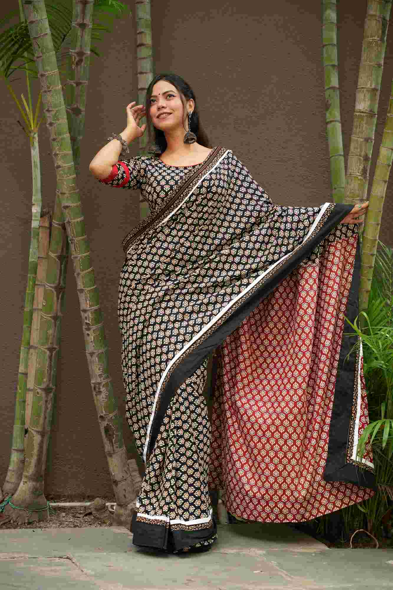 Cotton Ajrakh with Rust & Black Floral Prints & Vegetable-Dyed Ready To wear Saree