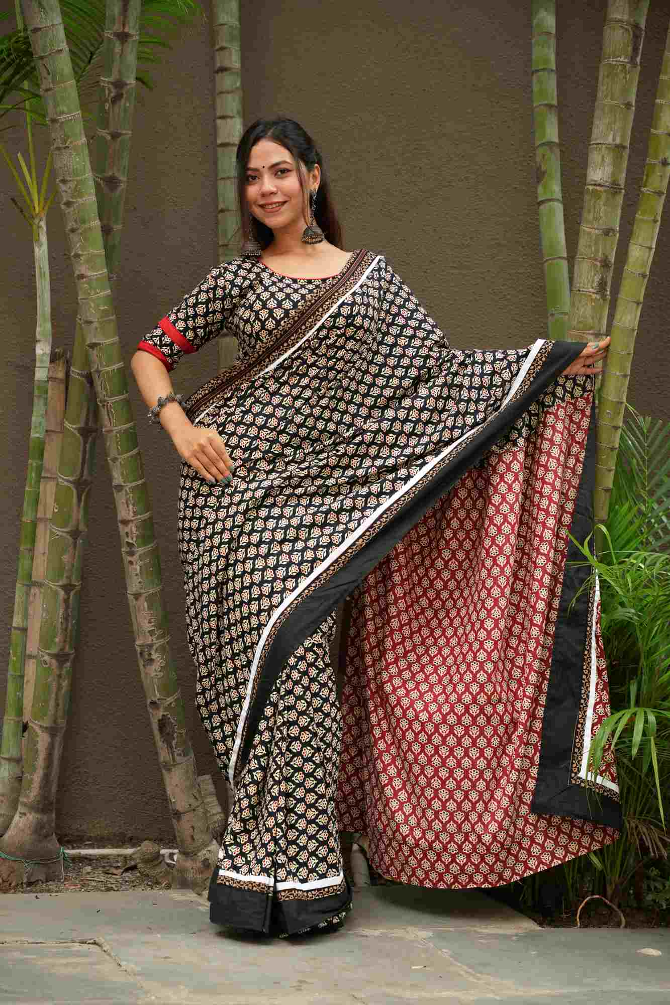 Cotton Ajrakh with Rust & Black Floral Prints & Vegetable-Dyed Ready To wear Saree