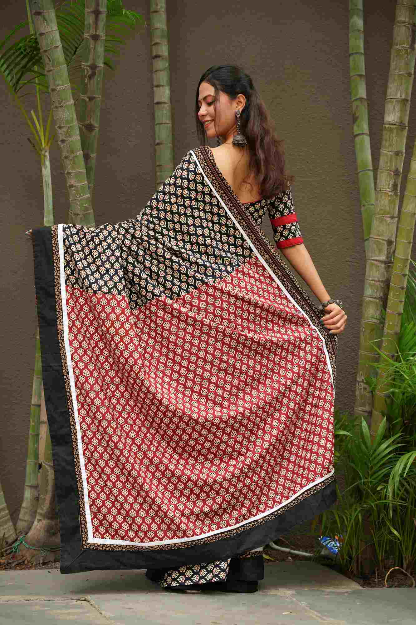 Cotton Ajrakh with Rust & Black Floral Prints & Vegetable-Dyed Ready To wear Saree