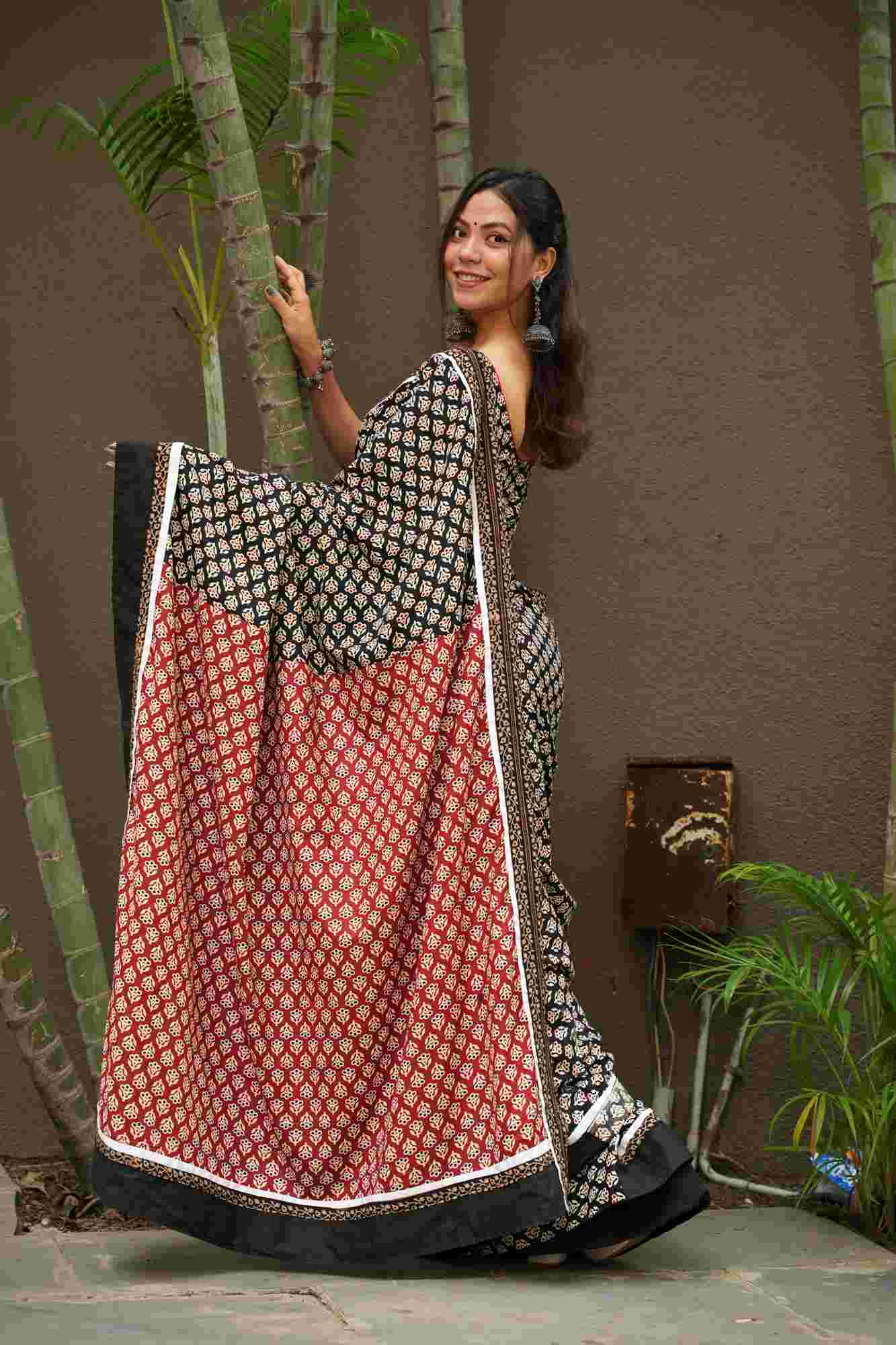 Cotton Ajrakh with Rust & Black Floral Prints & Vegetable-Dyed Ready To wear Saree