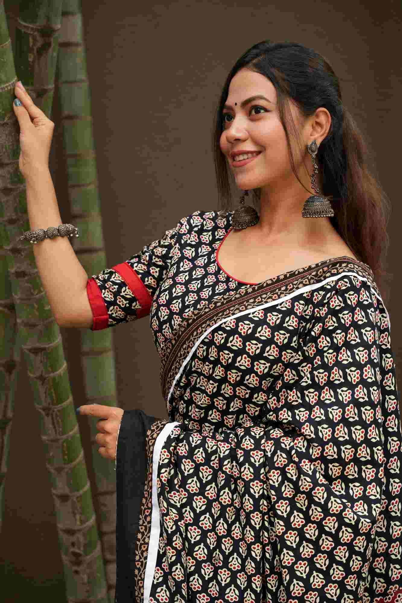 Cotton Ajrakh with Rust & Black Floral Prints & Vegetable-Dyed Ready To wear Saree