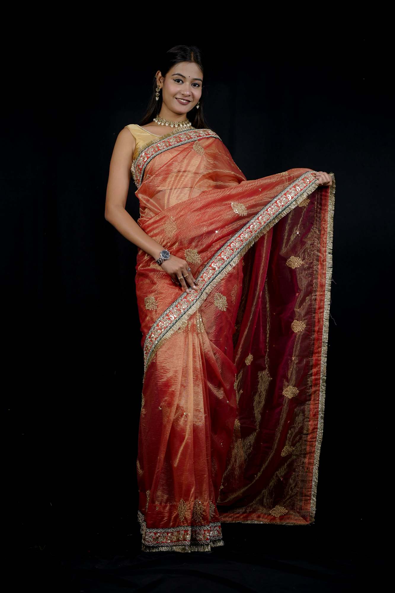 Ishita Dutta Inspired Beautiful Banarasi Crush with Sequins , Cording Embroidery & Fancy Luxe Lace Border Wrap in 1 Minute Saree