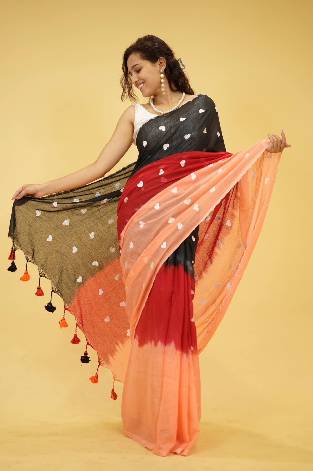 Mulmul Cotton with Delicate Thread Heart Motifs Ready To Wear Saree