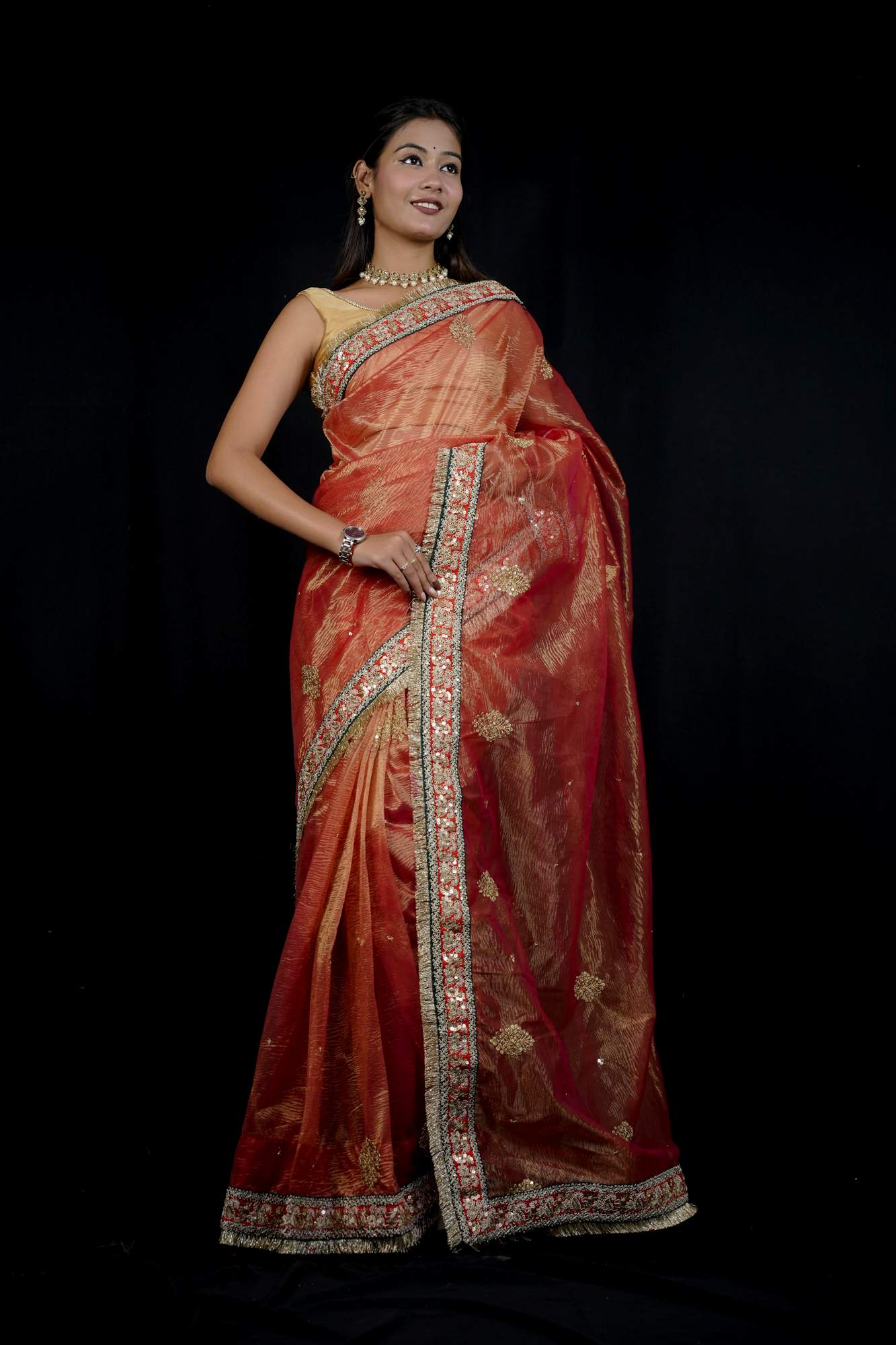 Ishita Dutta Inspired Beautiful Banarasi Crush with Sequins , Cording Embroidery & Fancy Luxe Lace Border Wrap in 1 Minute Saree