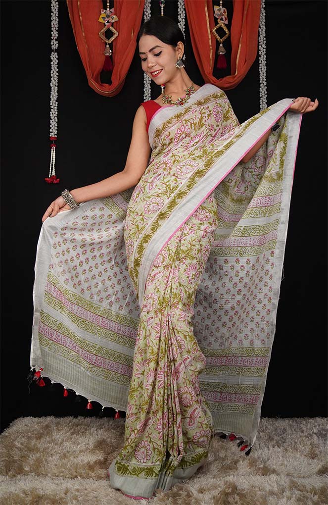 Pista Green-White Printed Cotton Linen Printed Wrap in 1 minute saree - Isadora Life