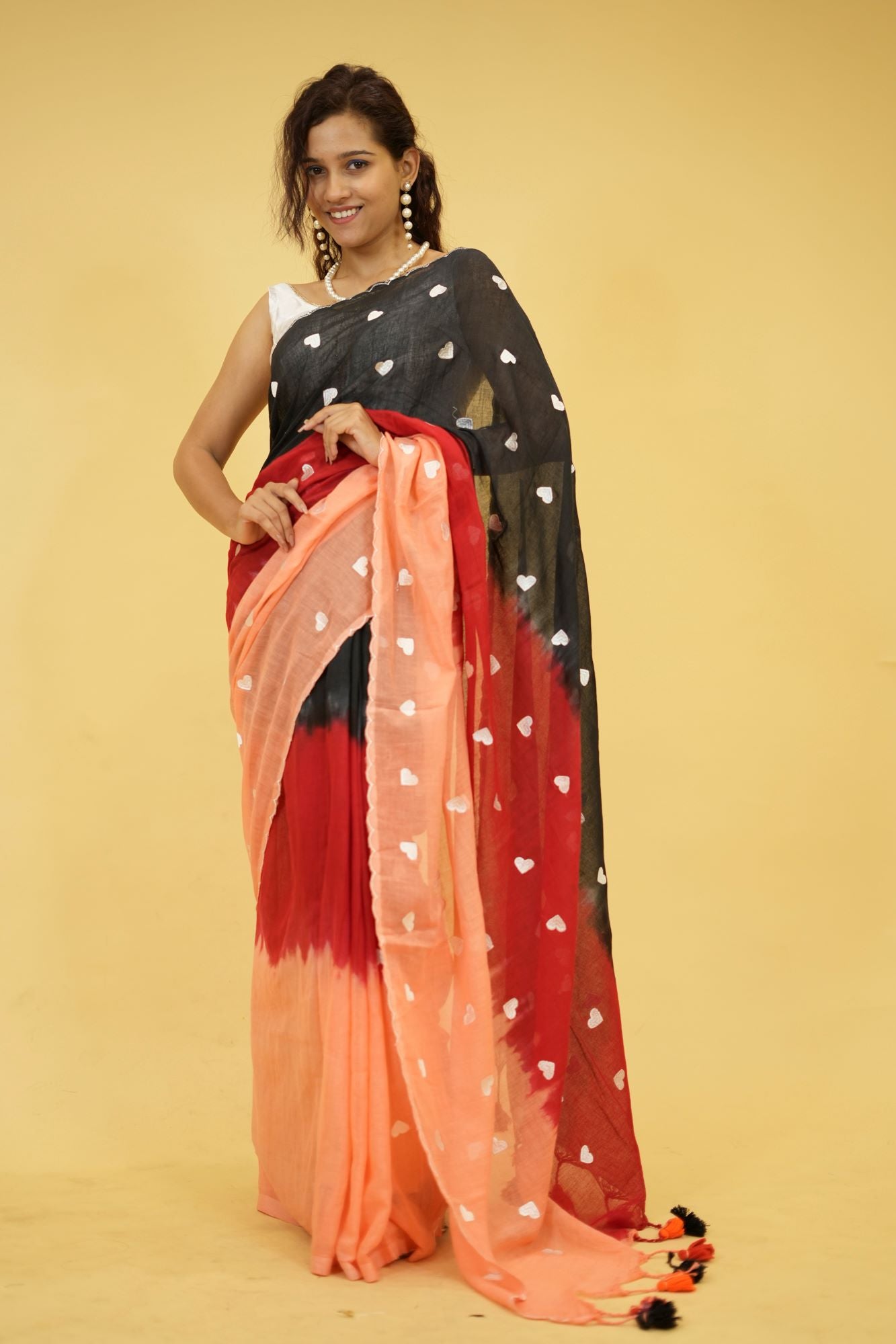 Mulmul Cotton with Delicate Thread Heart Motifs Ready To Wear Saree