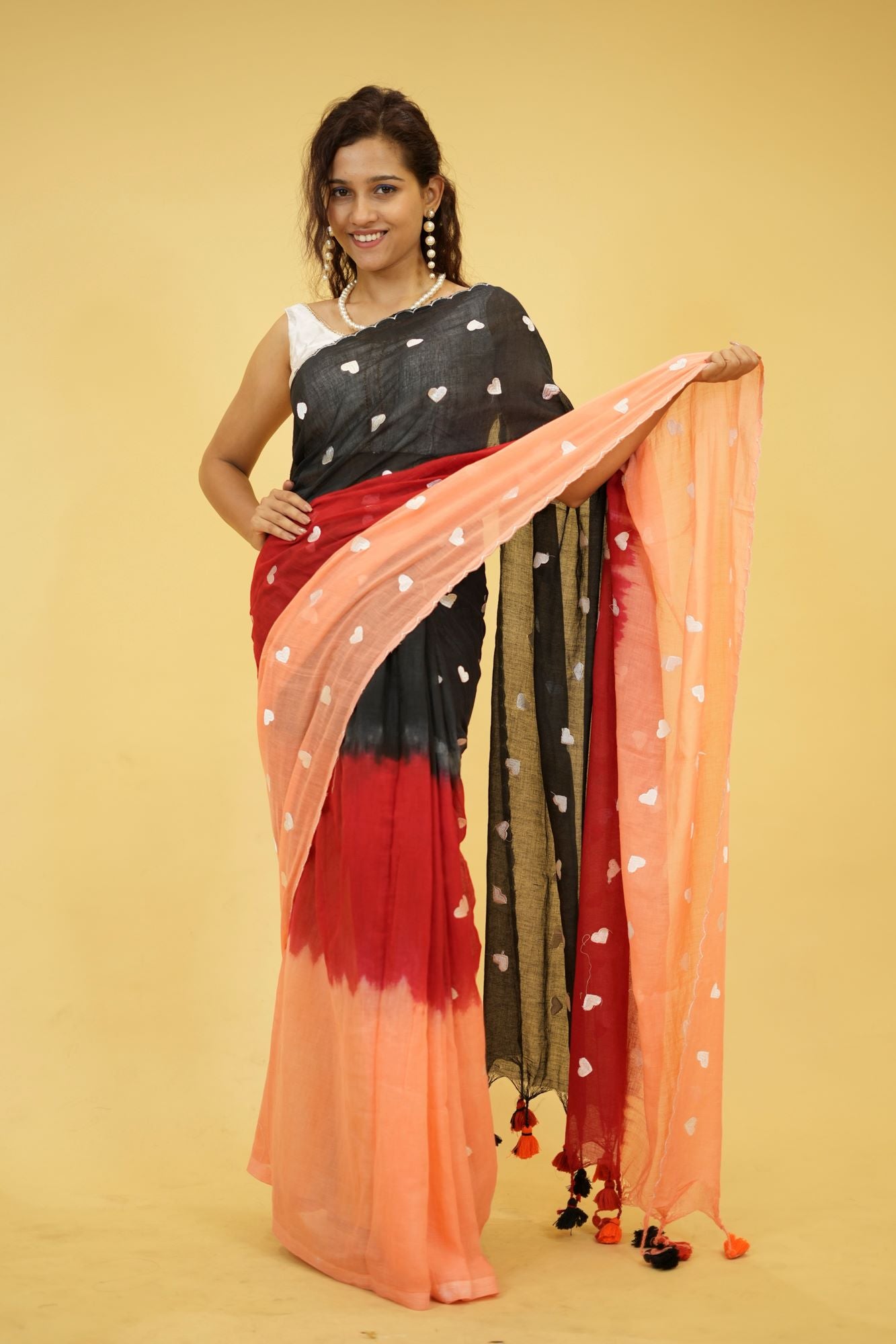 Mulmul Cotton with Delicate Thread Heart Motifs Ready To Wear Saree