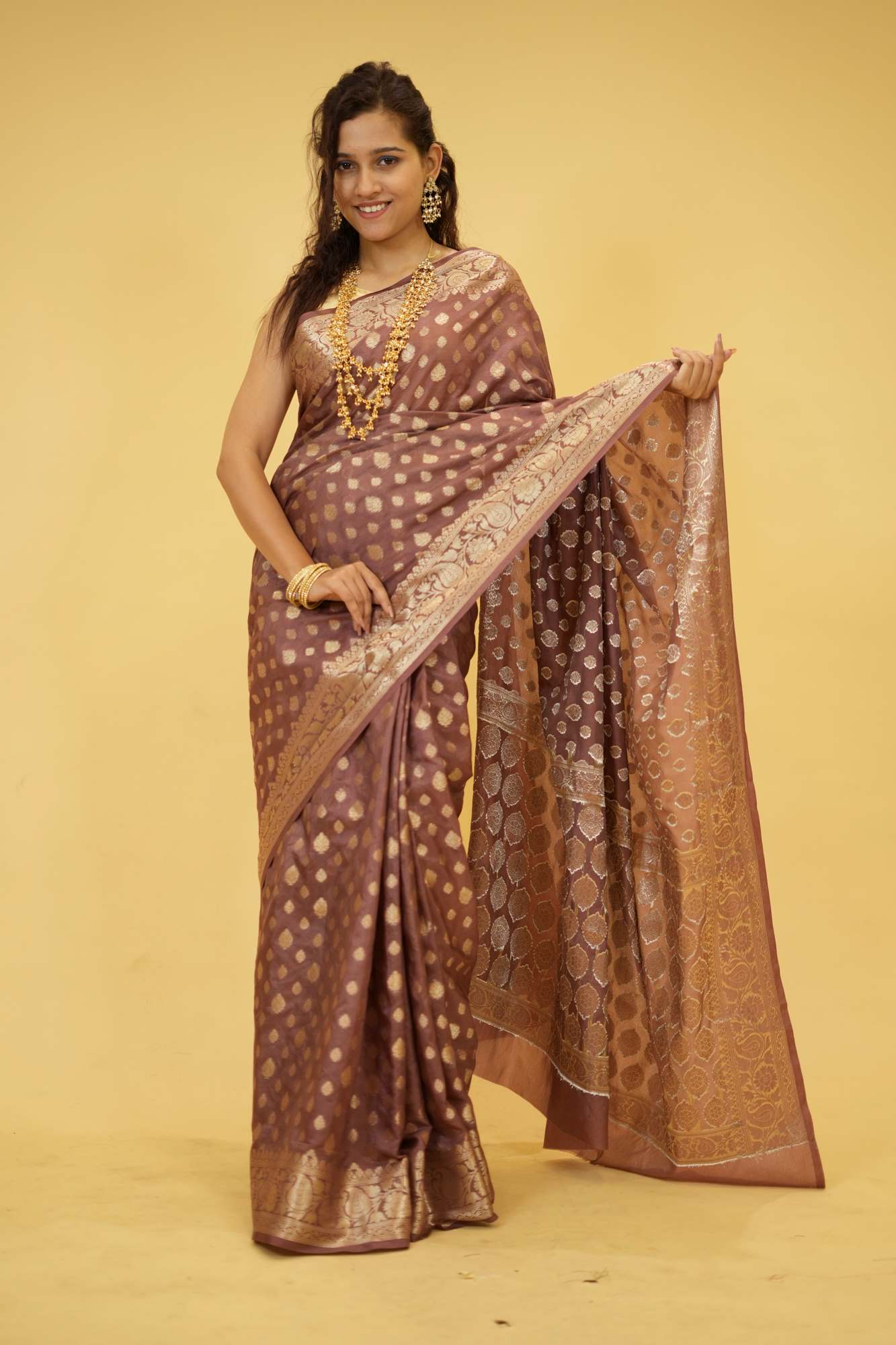 Dusty Rose Georgette Silk with All-Over Zari Motifs and Ornate Pallu Ready To Wear Saree