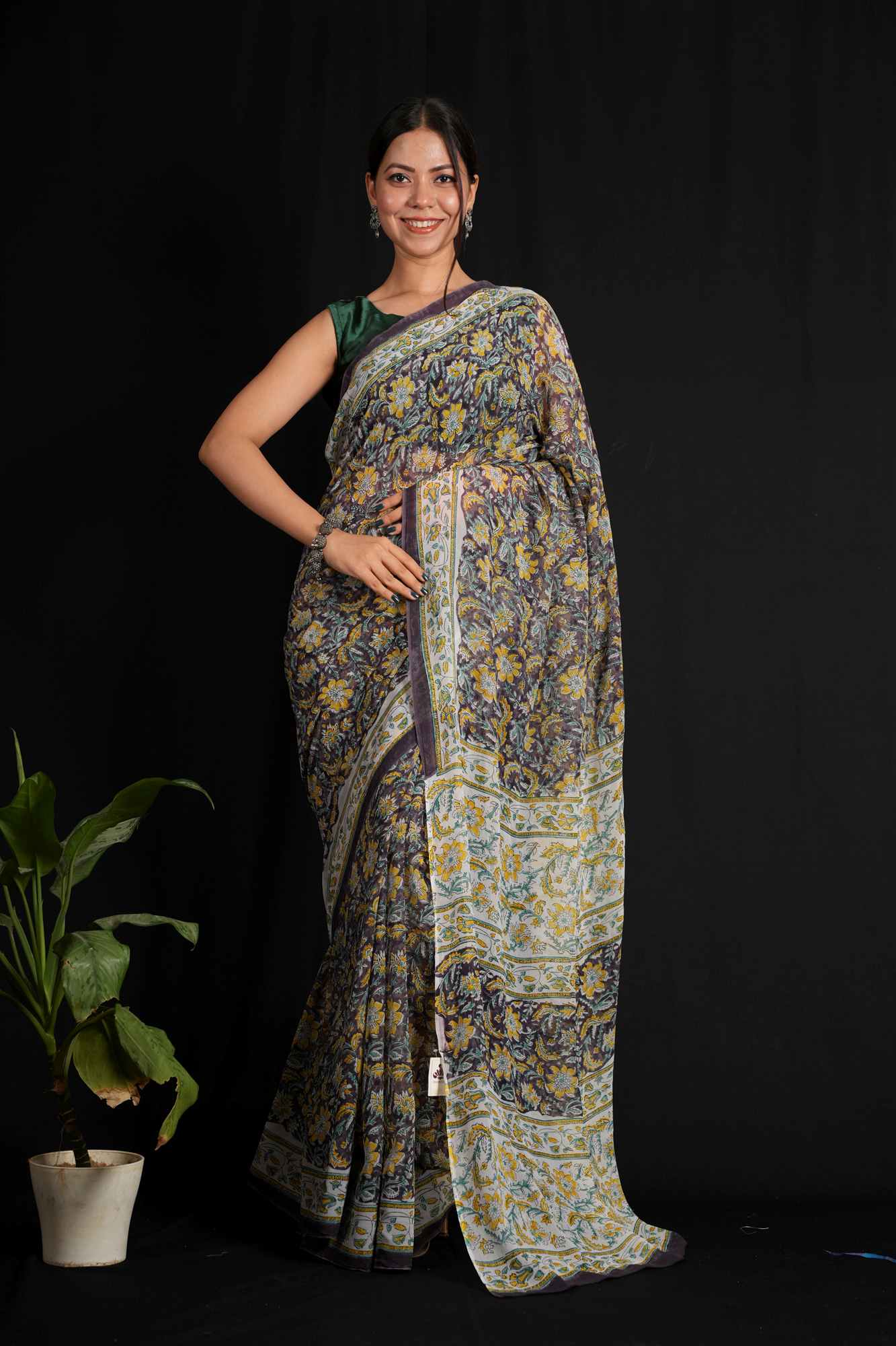 Plum Pure Georgette Predrape Saree with Rich Sanganeri Hand Block Print Ready To Wear Saree